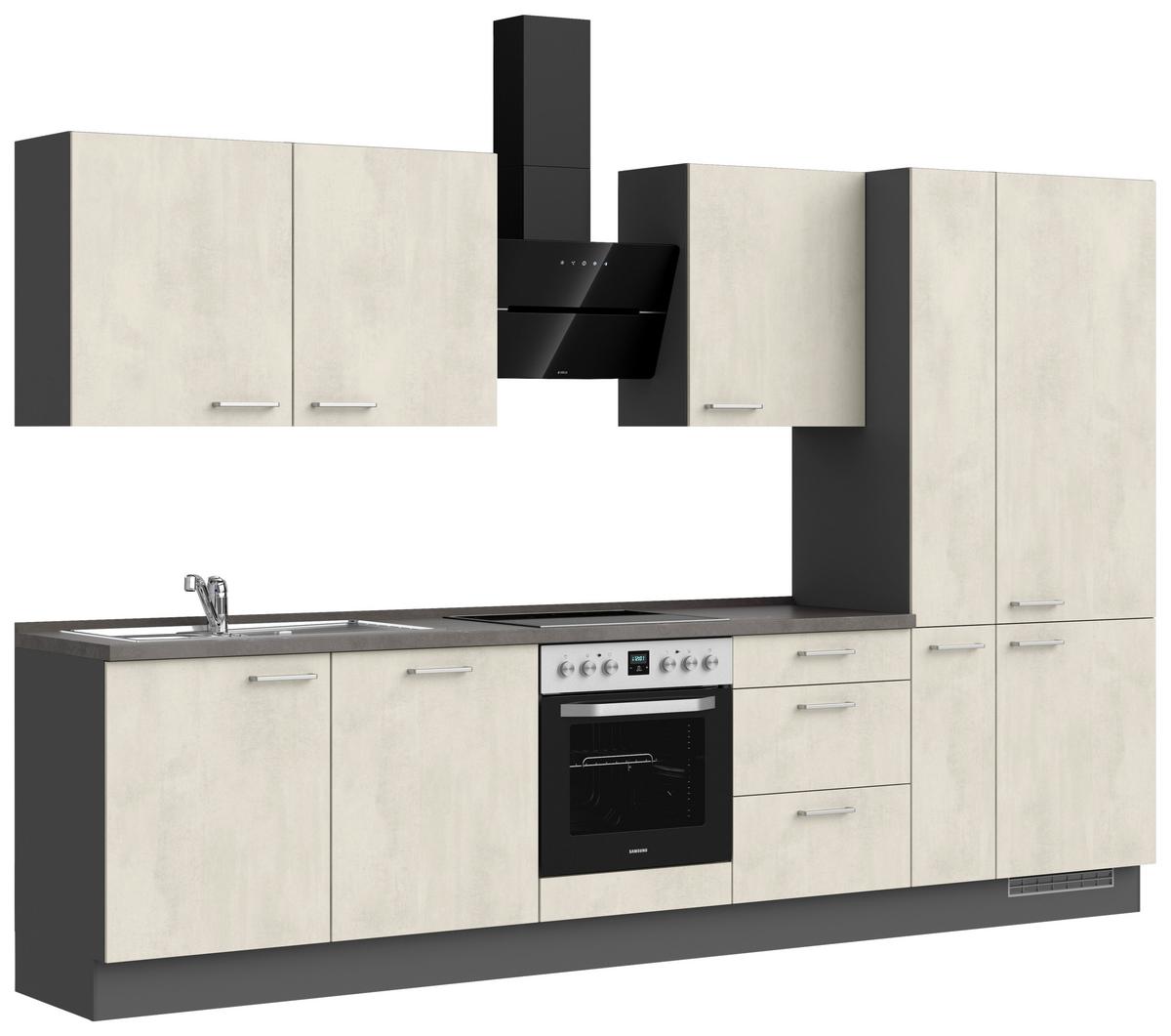 Kuchynská linka 330 cm, biely betón/ bridlicová šedá - biela/farba ušľachtilej ocele, Modern, kov/kompozitné drevo (330cm) - Nobilia