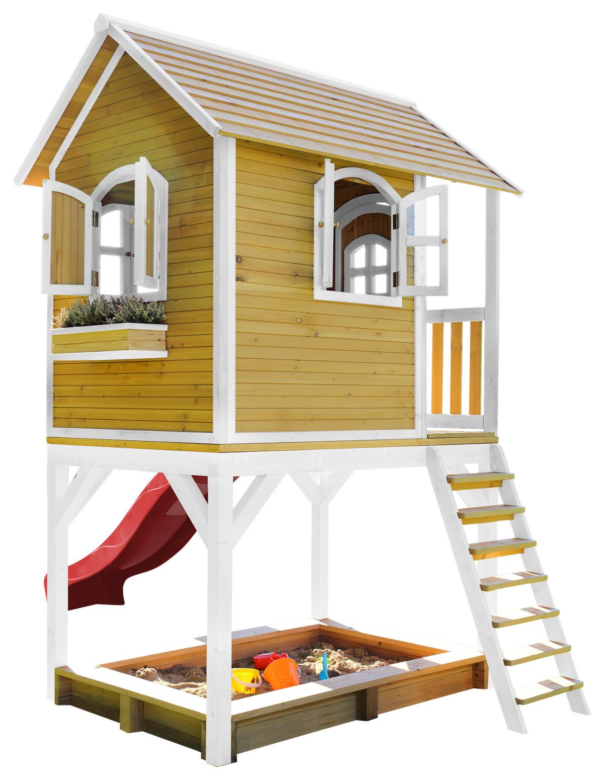 Spielhaus Sarah Rot/Braun/Weiß B: 370 cm - Rot/Braun, KONVENTIONELL, Holz/Kunststoff (370/291/191cm) - Ambia Garden