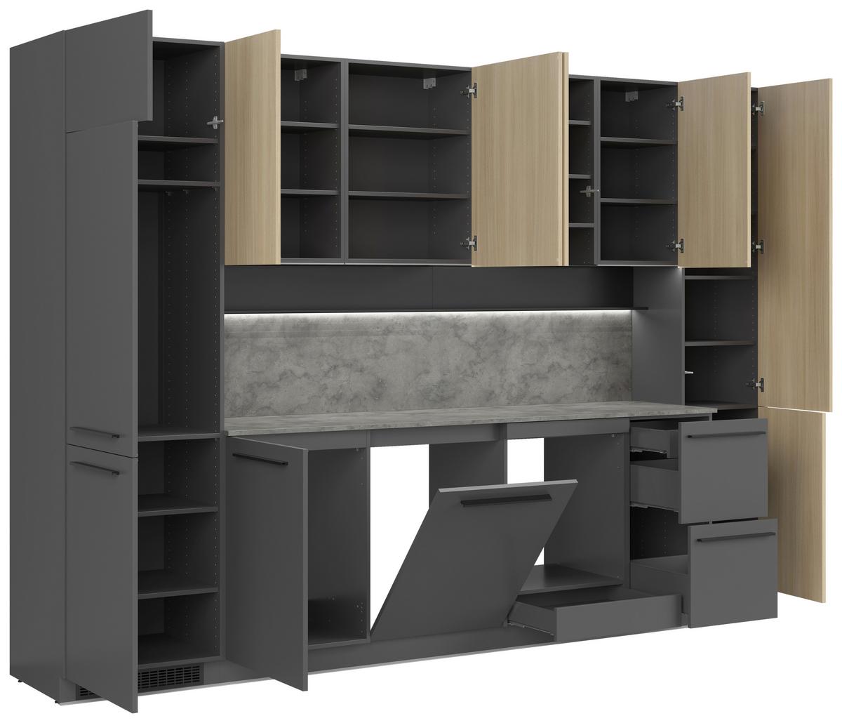 Kuchynský blok MILINO MEDIUM vrát.obkladu a LED regálu - čierna/grafitová, Basics, kompozitné drevo/plast (330/230/60cm) - Visiona