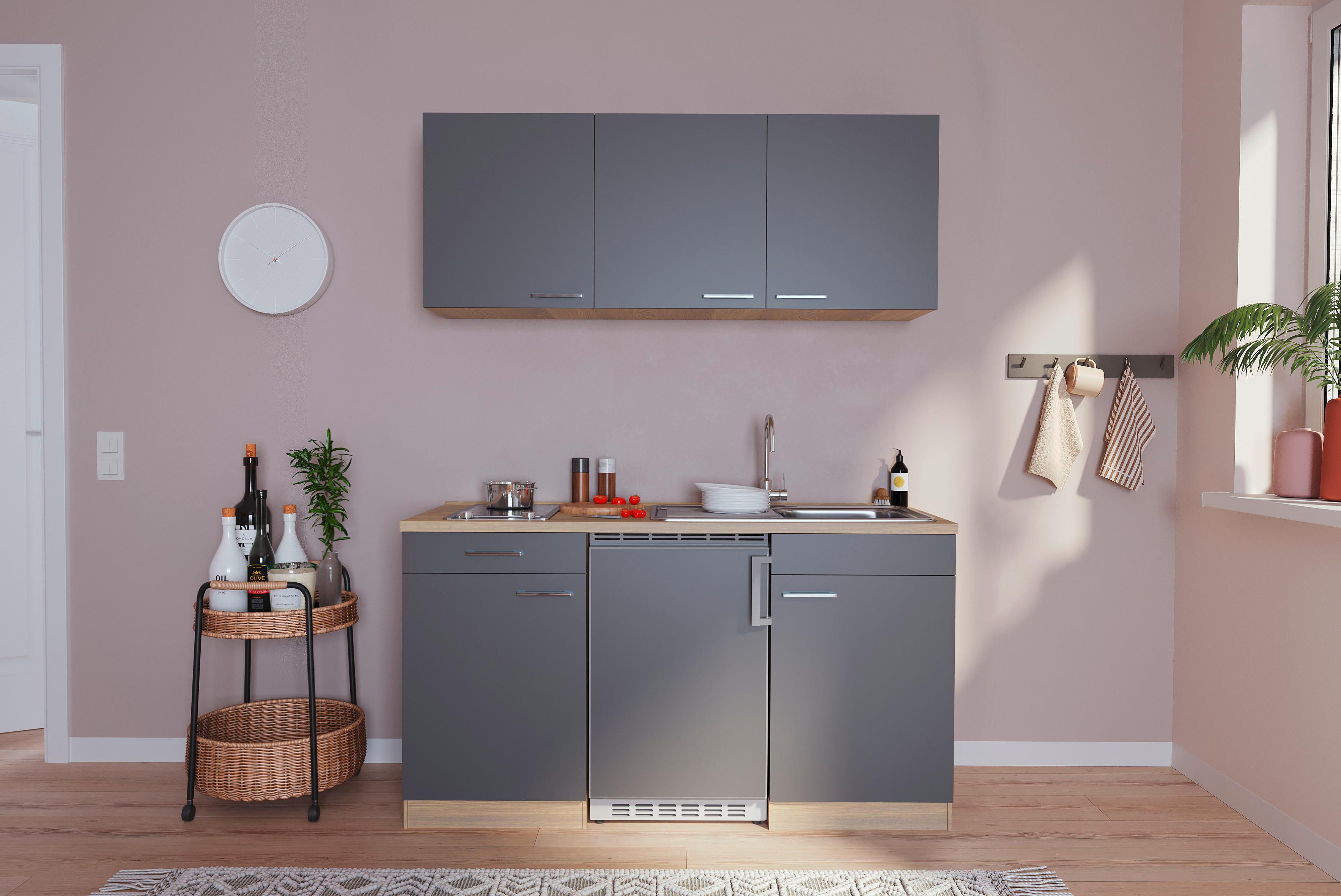 Miniküche m. Kühlschrank + Kochfeld 150 cm Grau/Eiche