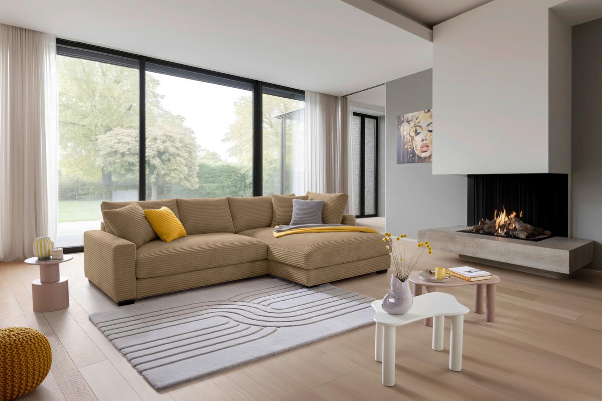 Rohová sedačka PEDRO, pravá, karamelový manšestr - černá/karamel, Moderní, textil/plast (300/190cm) - Mömax