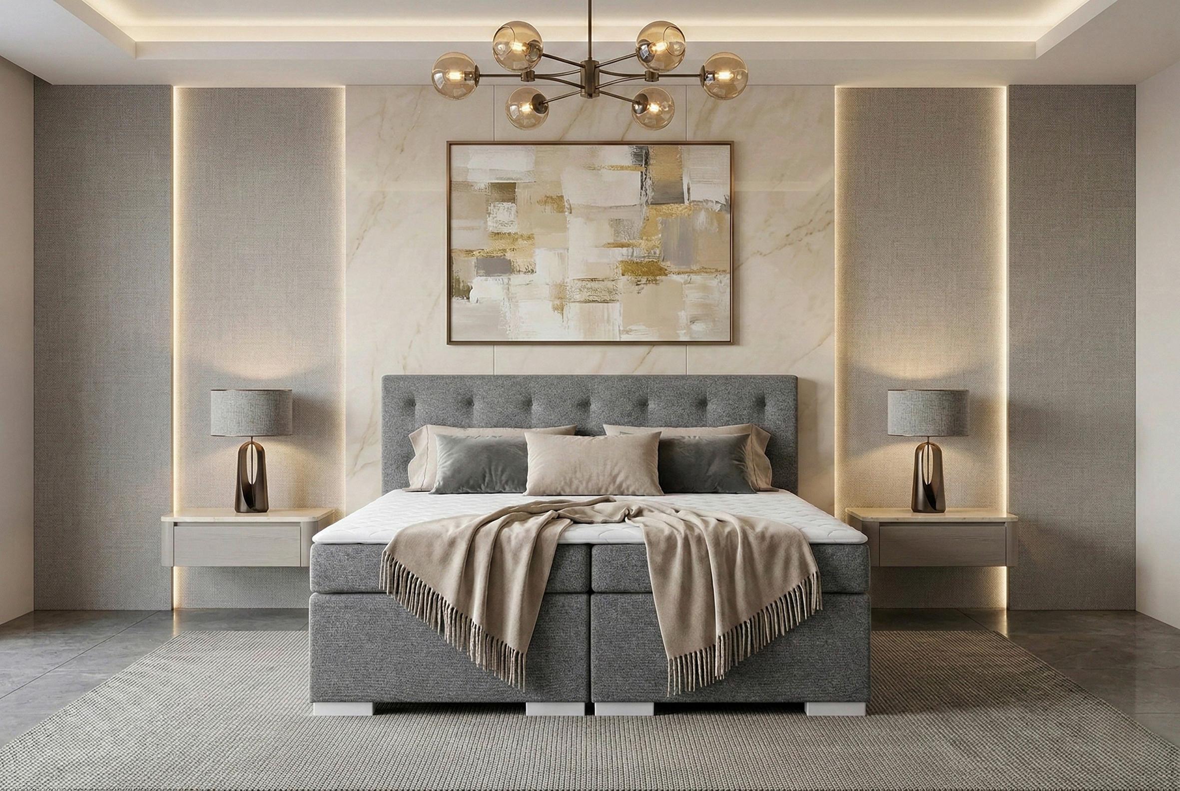 Boxspringbett Mit Topper 180x200 Korfu - Chromfarben/Hellgrau, MODERN, Holzwerkstoff/Textil (180/200cm) - MID.YOU