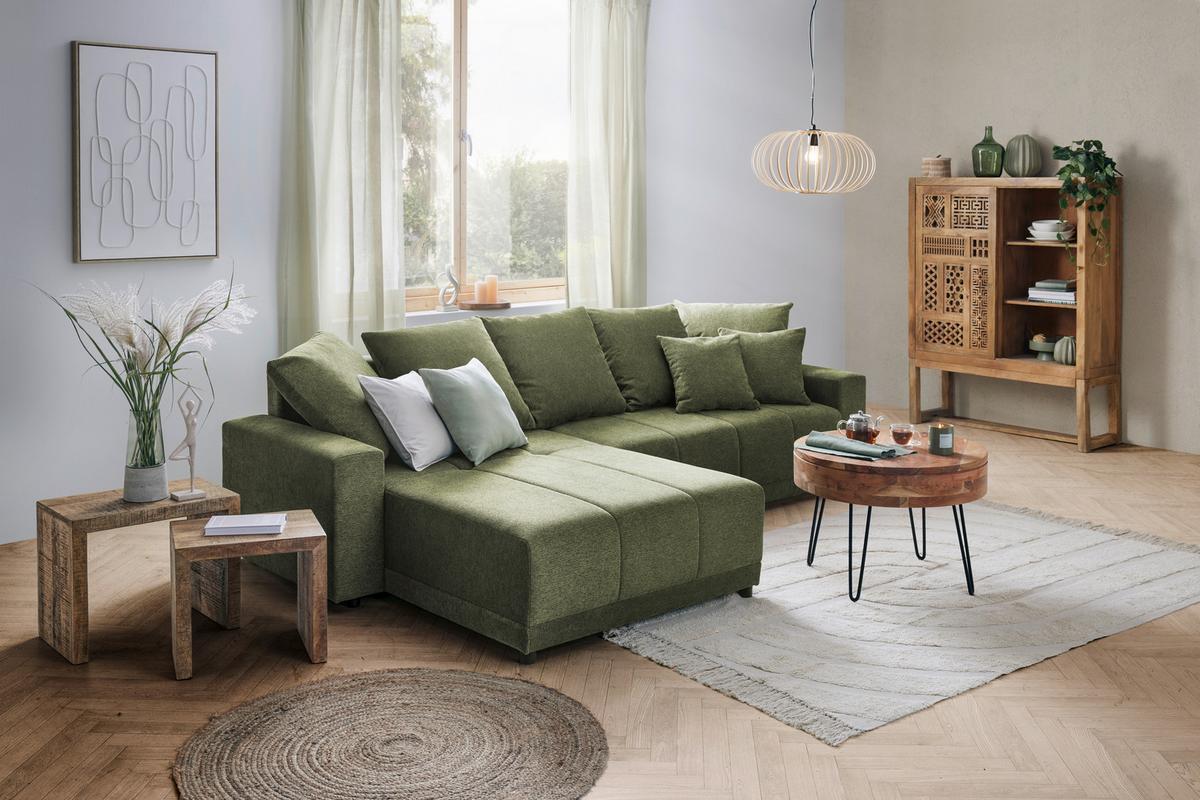 Rohová sedačka ALATRI, oboustranná,zelená,s polštáři - černá/zelená, Moderní, textil/plast (289/176cm) - Based