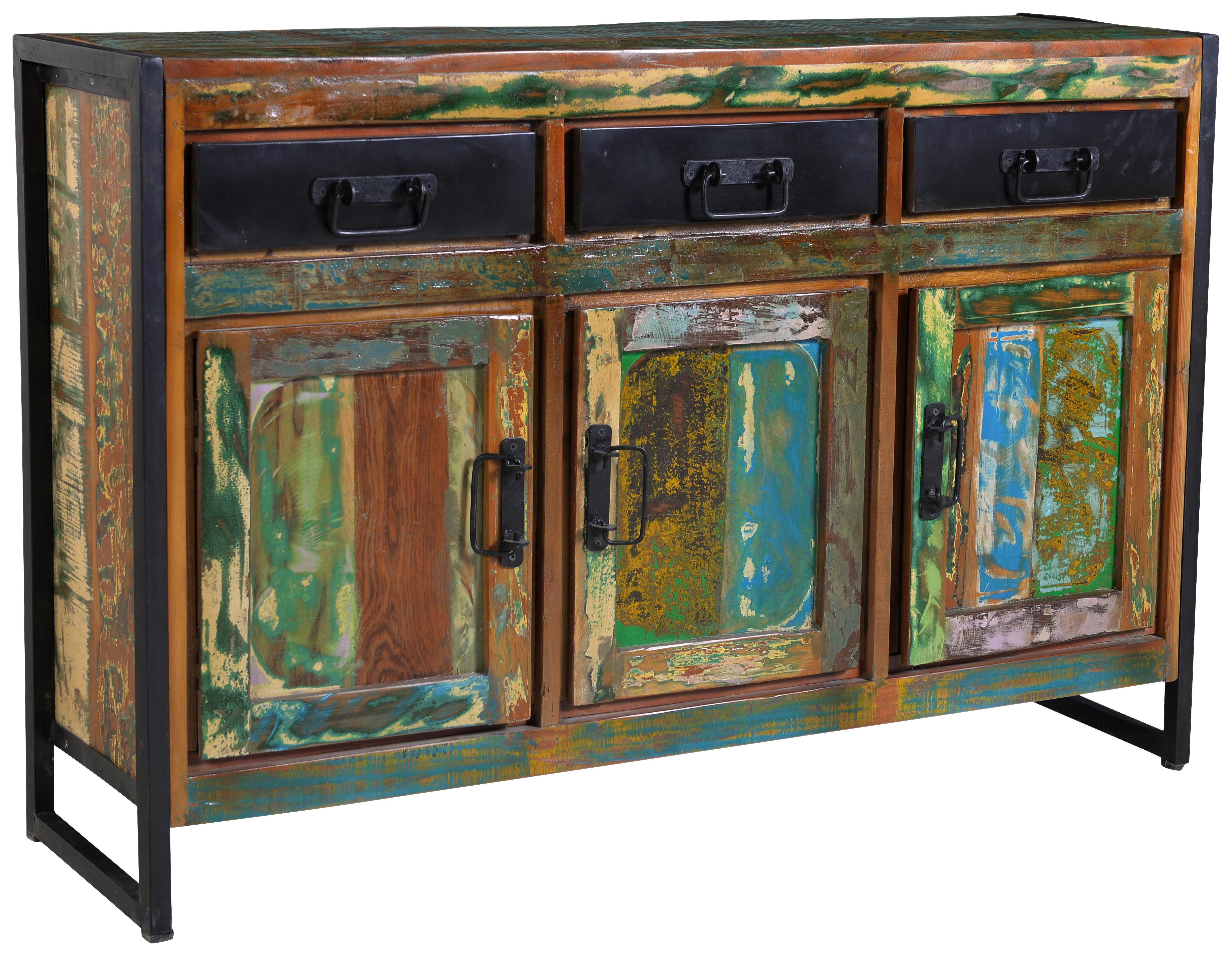 Sideboard Faro B: 130 cm Recyclingholz - Multicolor/Schwarz, Basics, Holz/Metall (130/85/35cm)
