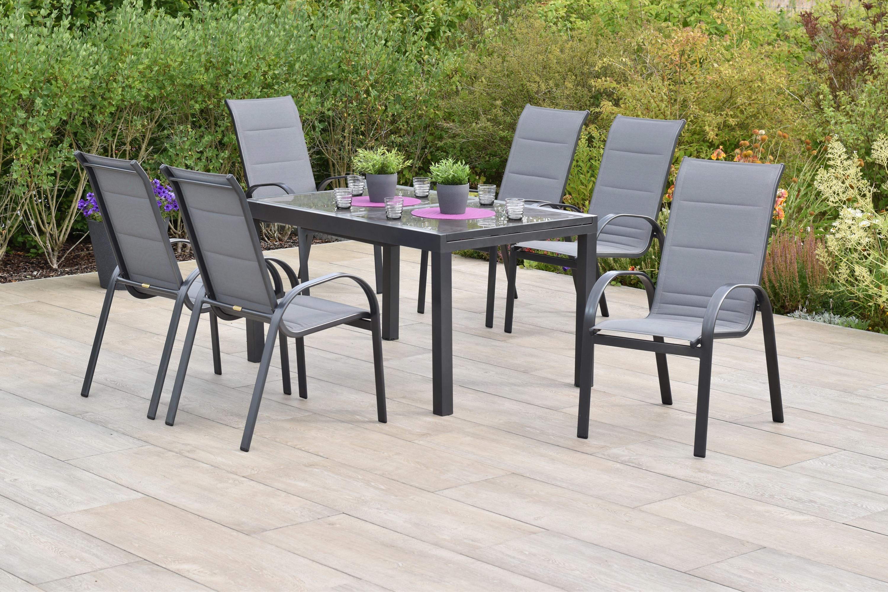 Gartentischgruppe Amalfi 7 -Teilig. Graphitfarben/Grau - Graphitfarben/Braun, KONVENTIONELL, Glas/Textil - Gardenson