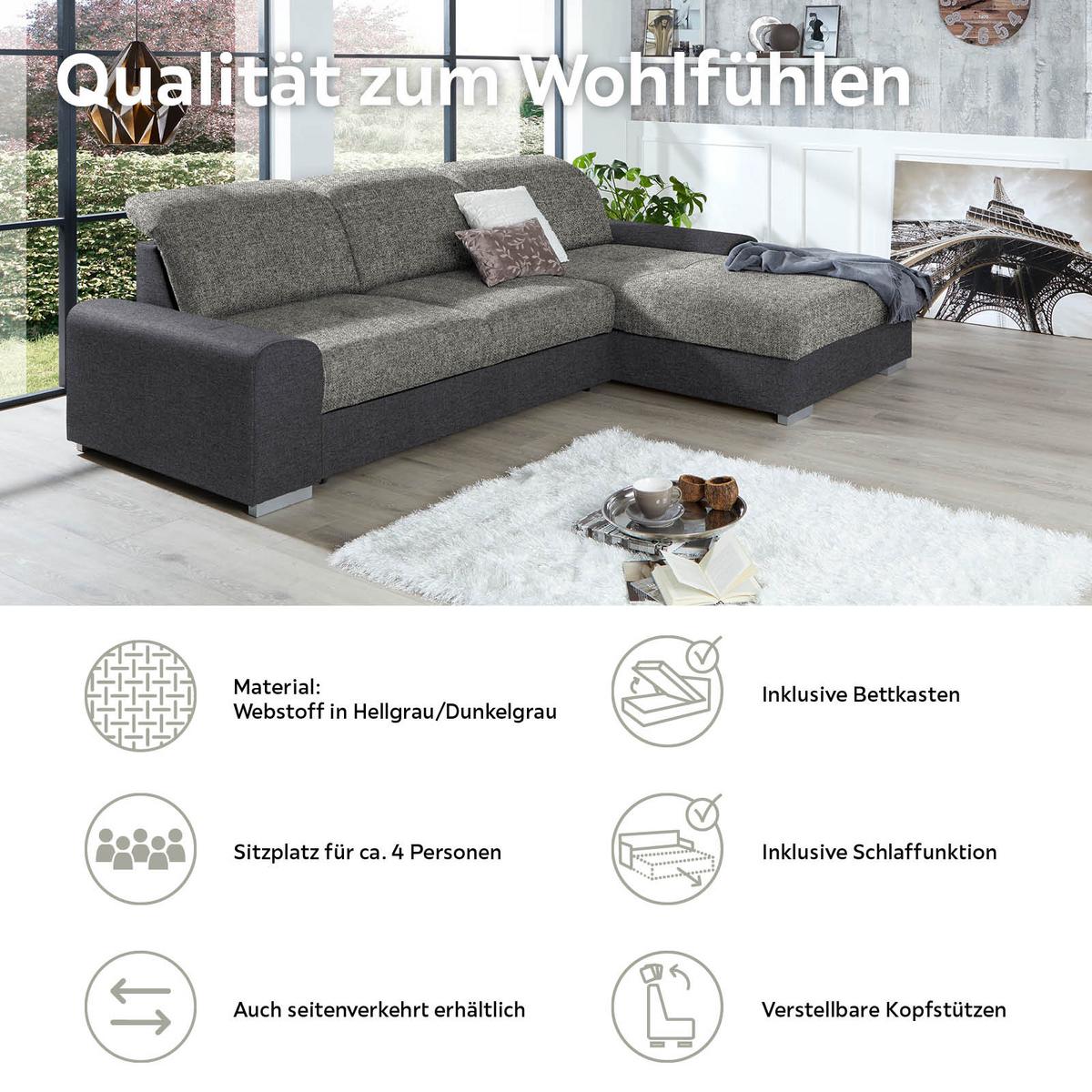 Ecksofa Mit Schlaffunktion + Bettkasten Malaga, Webstoff - Dunkelgrau/Silberfarben, KONVENTIONELL, Textil (286/203cm) - Ondega