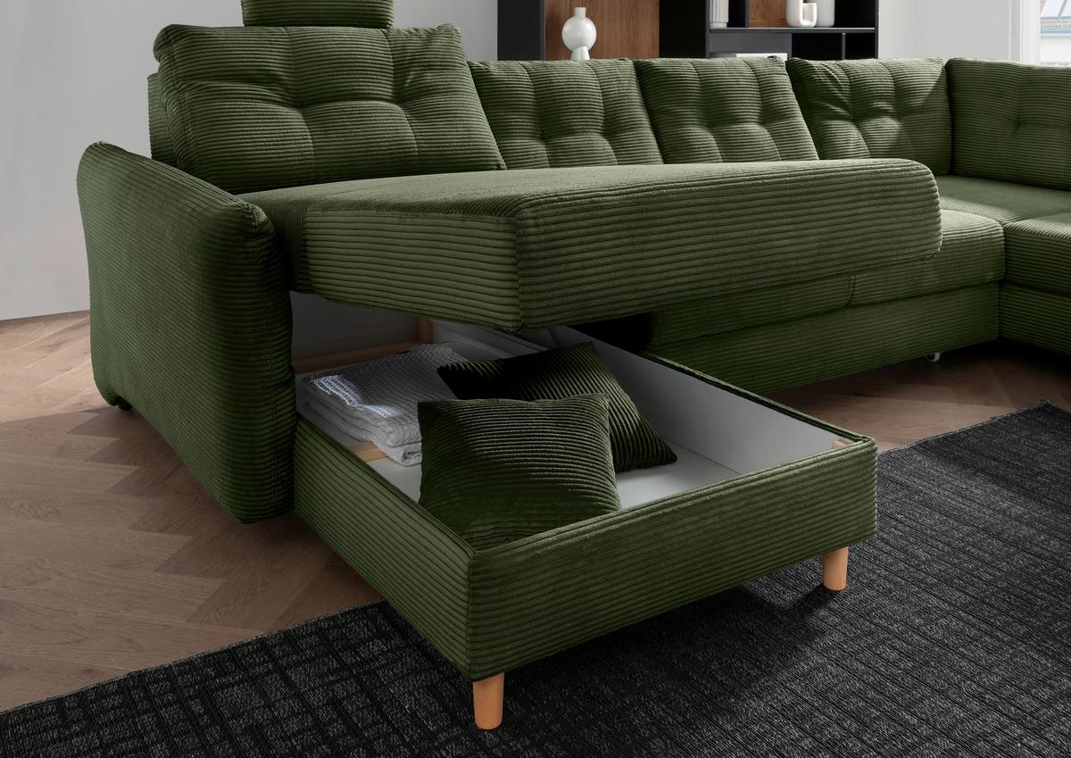 Wohnlandschaft Brizzini Mit Schlaffunktion, Dunkelgrün - Dunkelgrün/Naturfarben, MODERN, Textil (176/338-352/206cm) - Livetastic