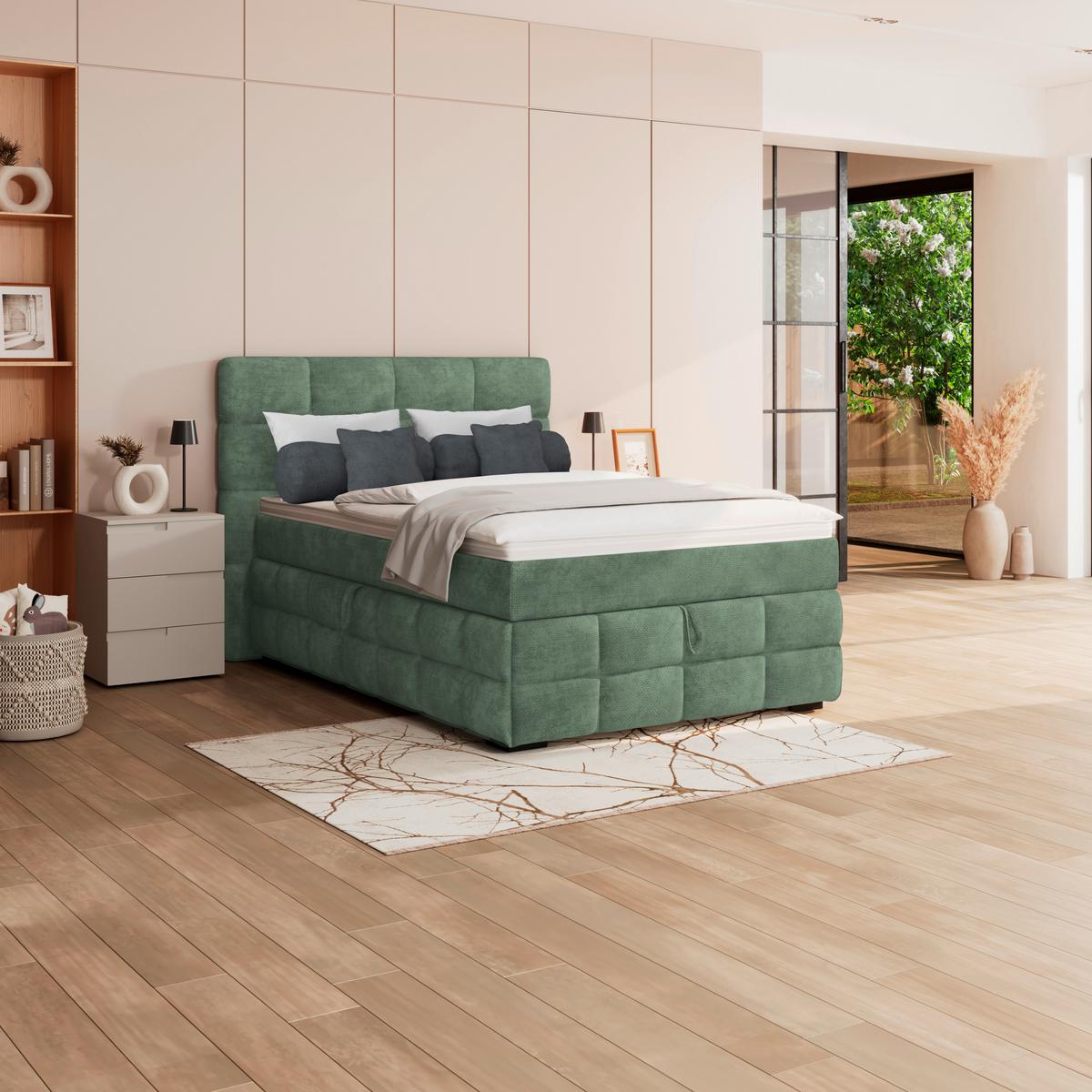 Čalúnená posteľ VEGA 140x200 cm, mätovozelená - čierna/zelená, Trend, drevo/textil (140/200cm)