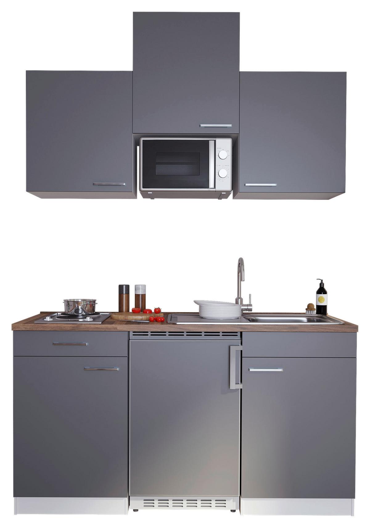 Miniküche Economy mit Geräten 150 cm Grau/ Nussbaum Dekor - Nussbaumfarben/Weiß, Basics, Holzwerkstoff (150cm) - Respekta