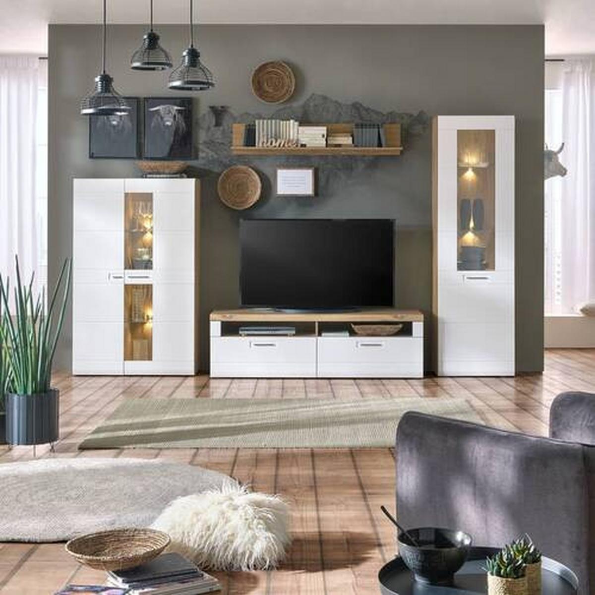 Wohnkombination 4-Tlg. Auris, Weiß/Eiche Dekor - Eichefarben/Weiß, MODERN, Glas/Holzwerkstoff (318,2/204,2/49,6cm) - Luca Bessoni