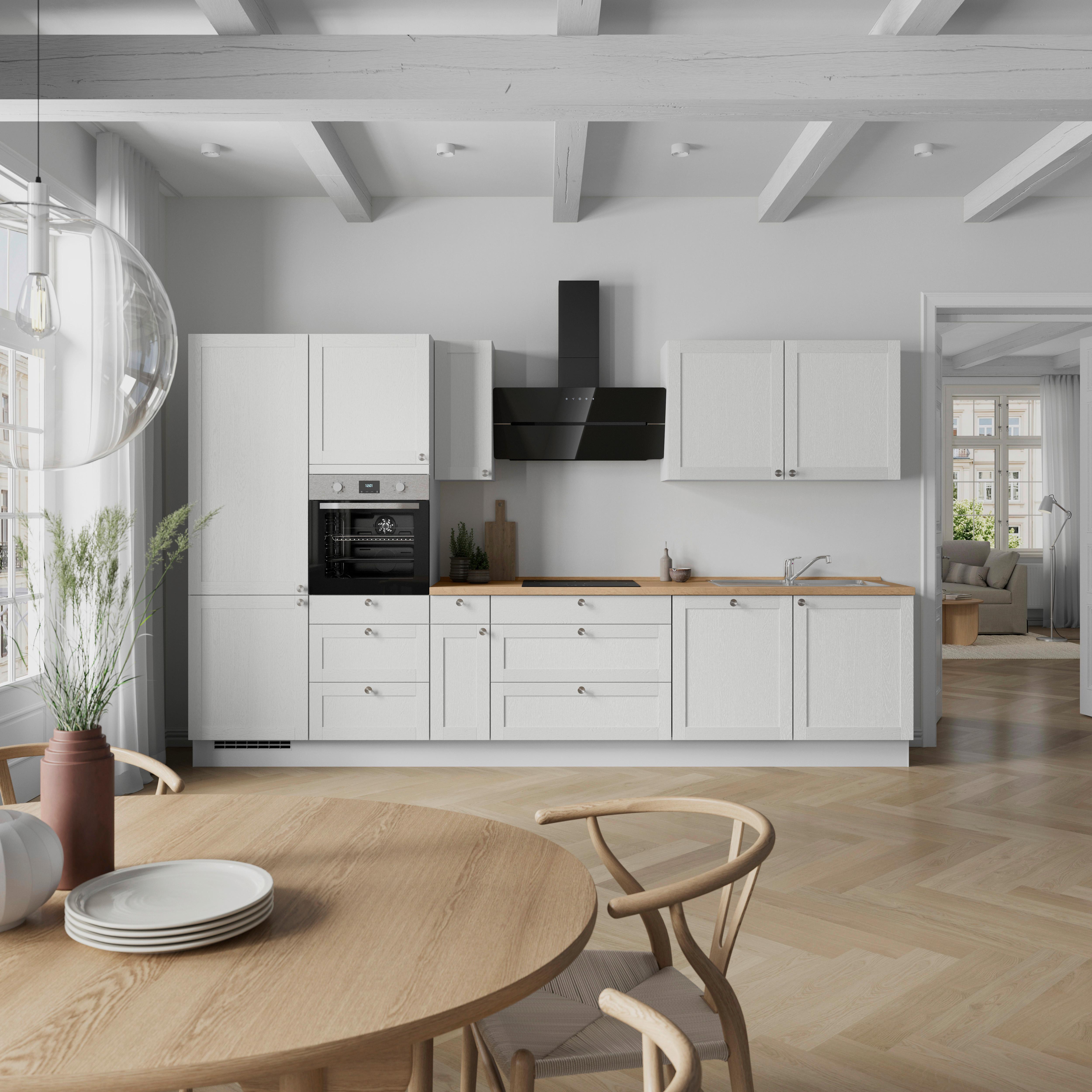Kuchynská linka 360 cm, biela / dub Sierra - biela/farba ušľachtilej ocele, Romantik / Landhaus, kov/kompozitné drevo (360cm) - Nobilia