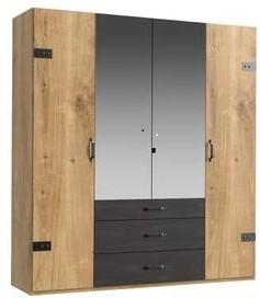 Drehtürenschrank Mit Spiegel + Laden 200cm Detroit, Eiche - Eichefarben/Silberfarben, Basics, Holzwerkstoff (200/216/58cm) - MID.YOU
