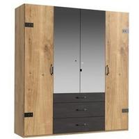 Drehtürenschrank Mit Spiegel + Laden 200cm Detroit, Eiche - Eichefarben/Silberfarben, Basics, Holzwerkstoff (200/216/58cm) - MID.YOU