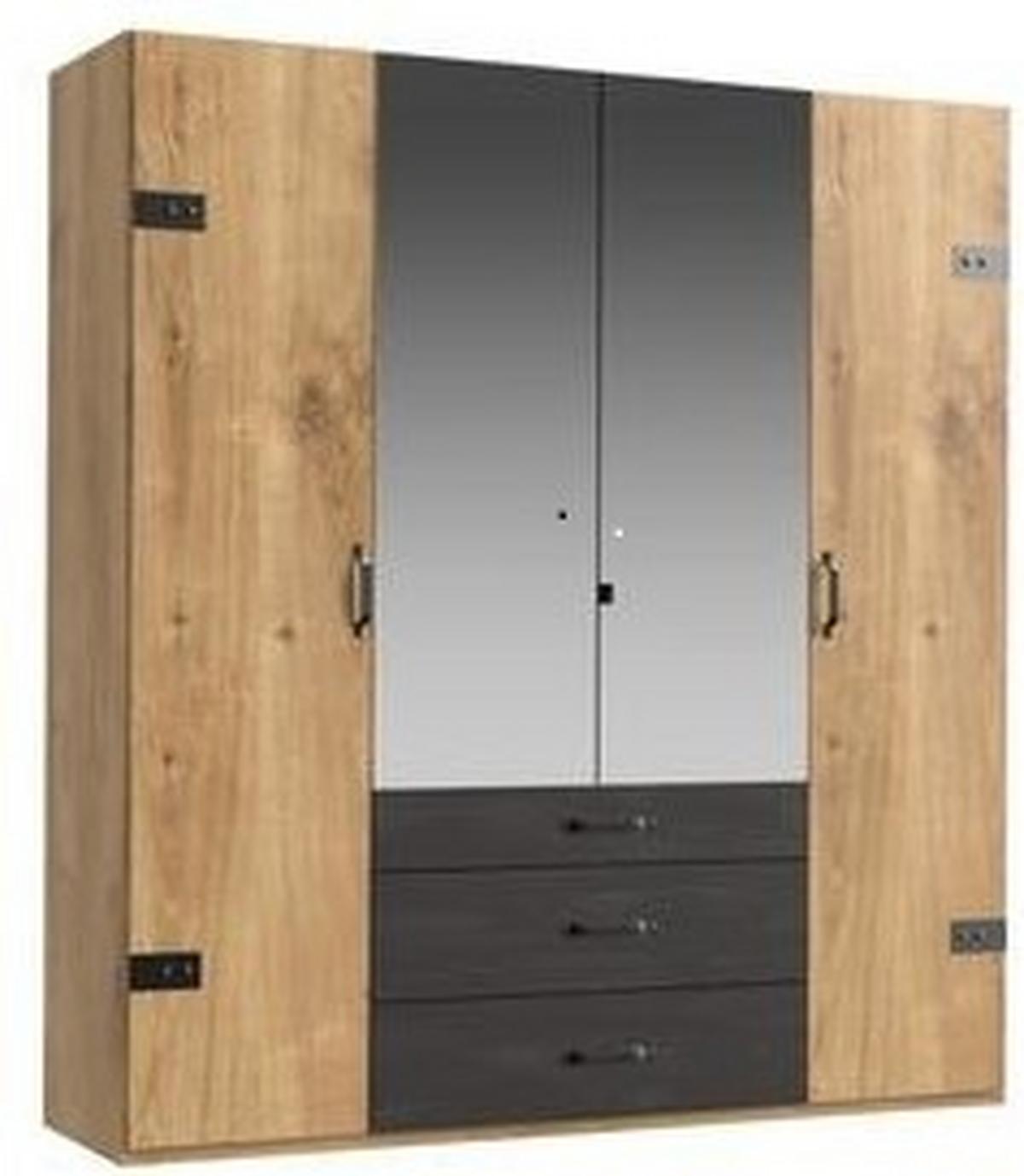 Drehtürenschrank Mit Spiegel + Laden 200cm Detroit, Eiche - Eichefarben/Silberfarben, Basics, Holzwerkstoff (200/216/58cm) - MID.YOU