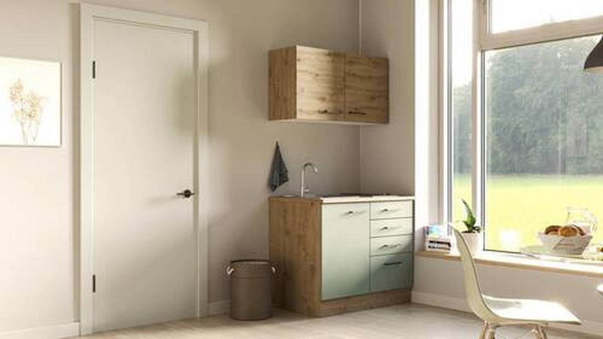 Minikuchyňa CARA, šírka 100cm vrátane drezu a varnej dosky - čierna/zelená, Modern, kov/kompozitné drevo (100cm) - FlexWell