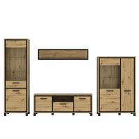 Wohnwand Modern 4 -teilig. Trondheim, Artisan Eiche Dekor - Eichefarben/Schwarz, Basics, Glas/Holzwerkstoff (344,2/208/41,5cm) - Livetastic