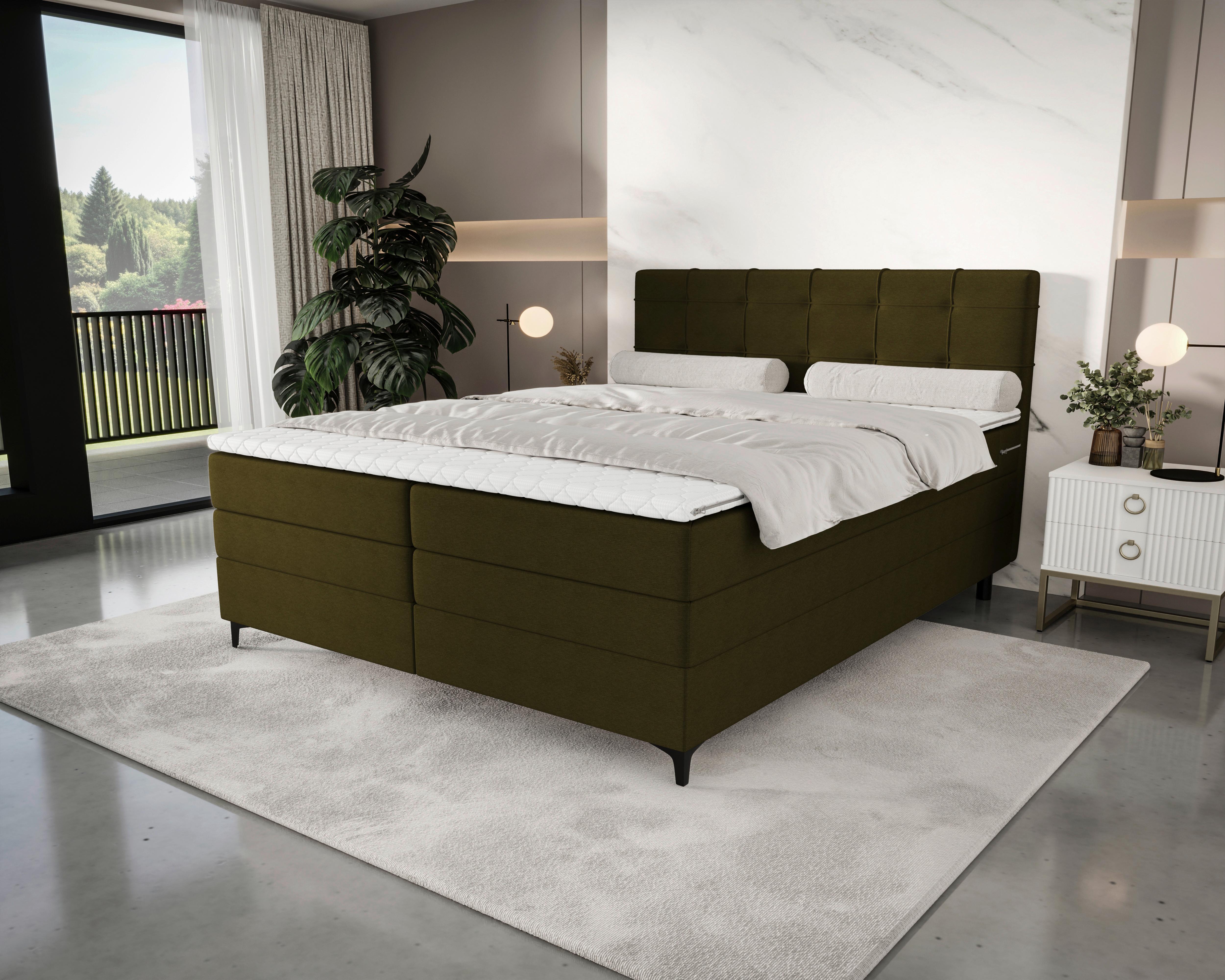 Boxspringbett Mitto mit Topper 180x200 cm - Schwarz/Grün, KONVENTIONELL, Textil/Metall (180/200cm)