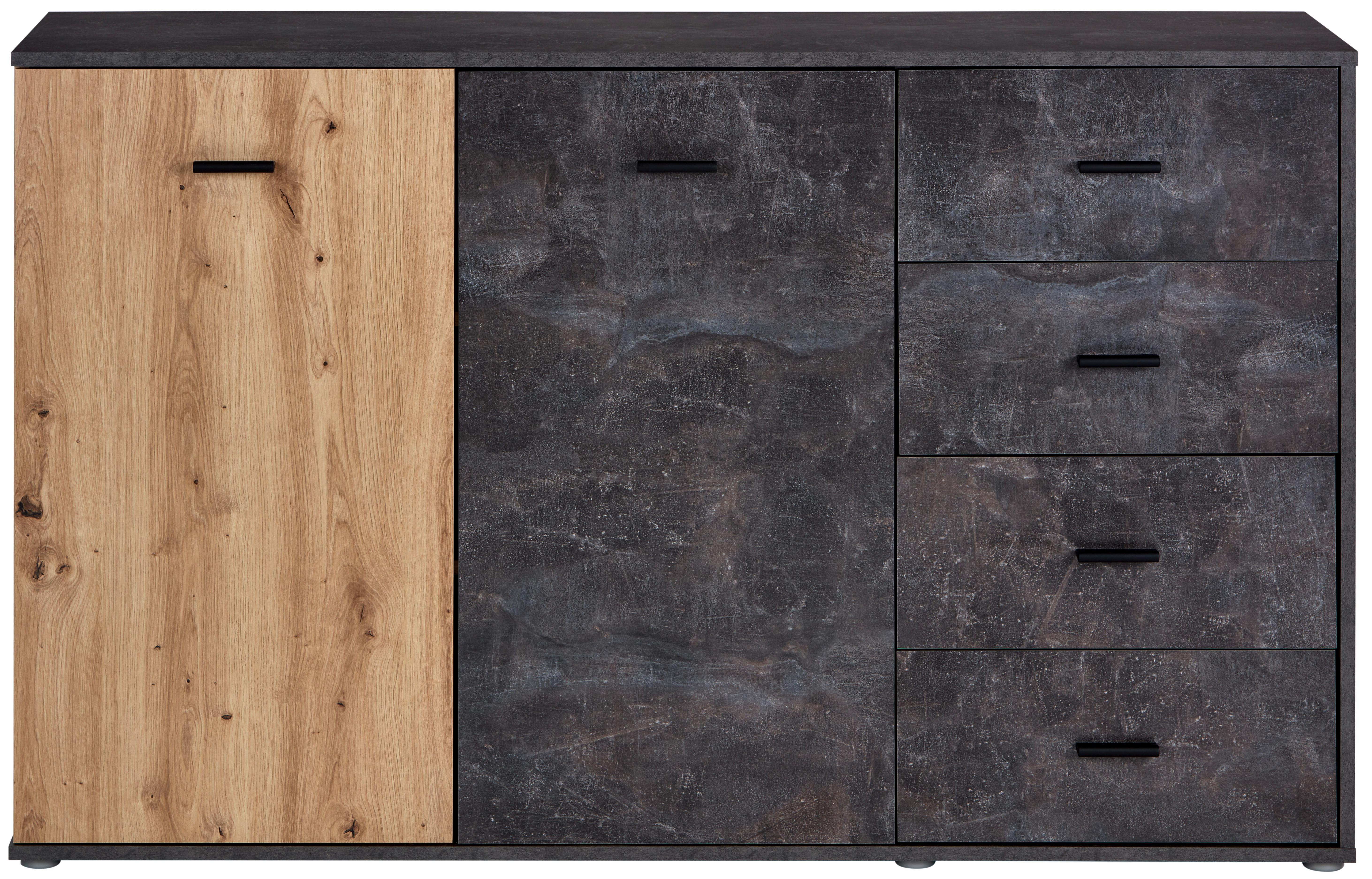 Kommode B: 143 cm Tim, Betonoptik Dunkel/Eiche Dekor - Eichefarben/Alufarben, MODERN, Holzwerkstoff (143/90,2/38cm)