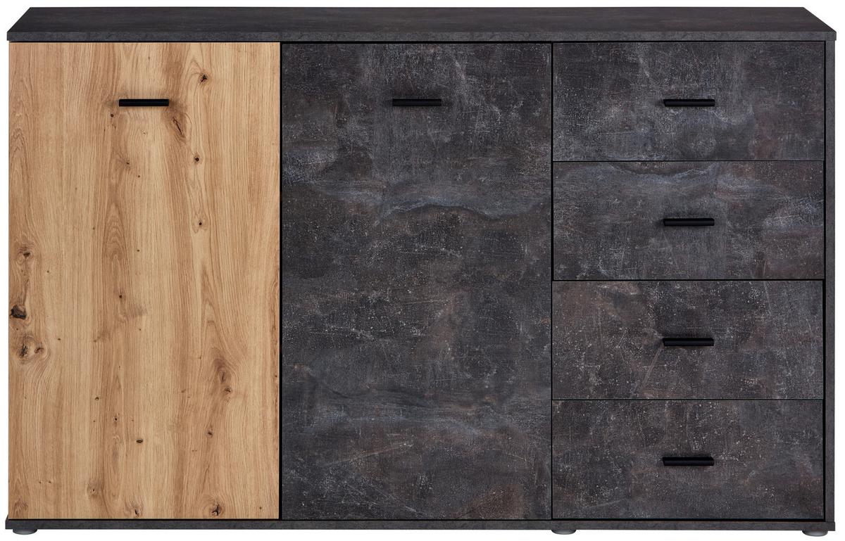 Kommode B: 143 Cm Tim, Betonoptik Dunkel/eiche Dekor - Eichefarben/Alufarben, MODERN, Holzwerkstoff (143/90,2/38cm)