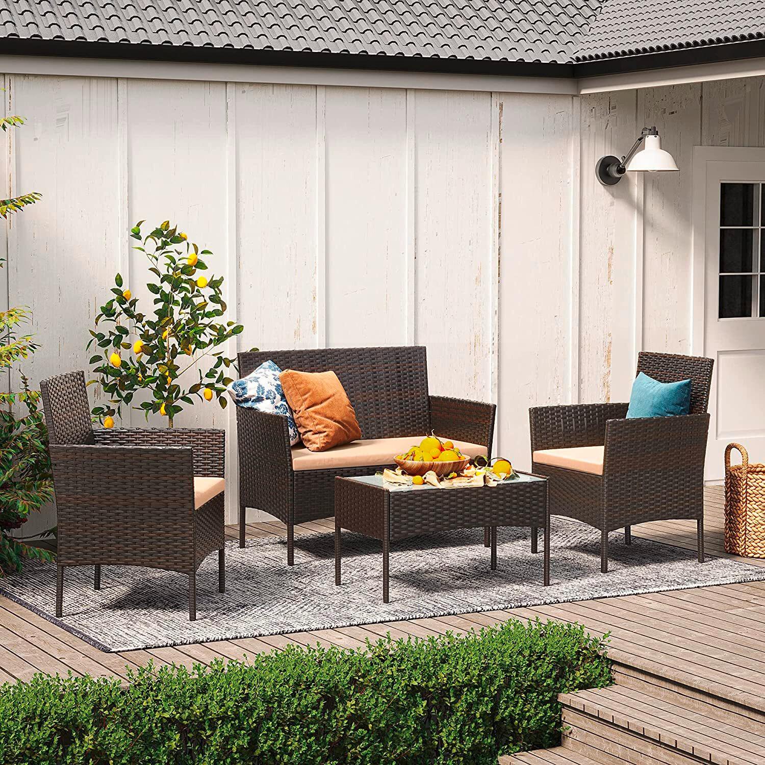 Gartenset 4-Tlg. Dunkelbraun inkl. Tisch mit Glasplatte - Dunkelbraun/Beige, MODERN, Glas/Kunststoff - Modante