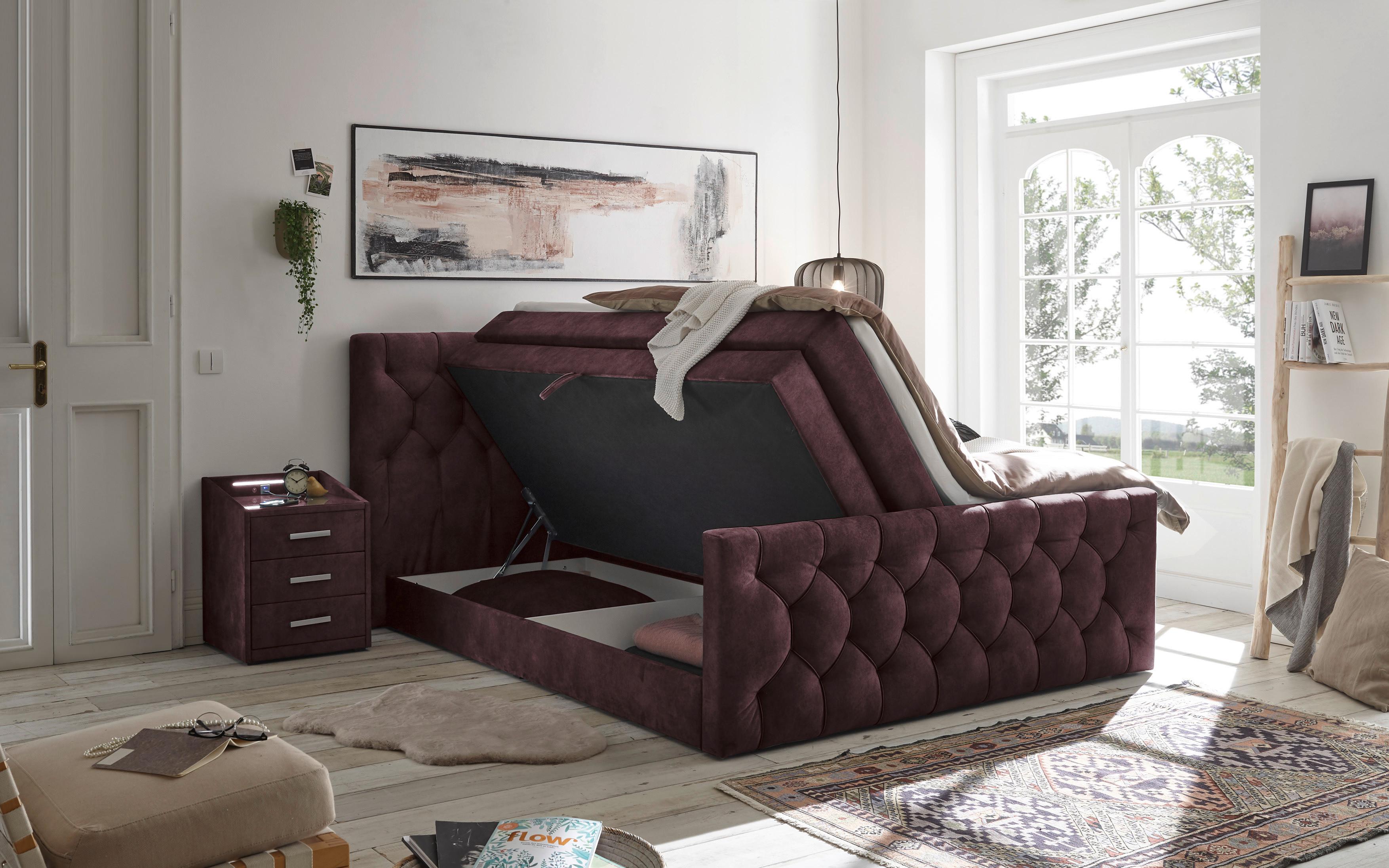 Boxspringbett Mit Topper 180x200 Cm Cashfield - Aubergine/Schwarz, MODERN, Holzwerkstoff/Textil (180/200cm) - MID.YOU
