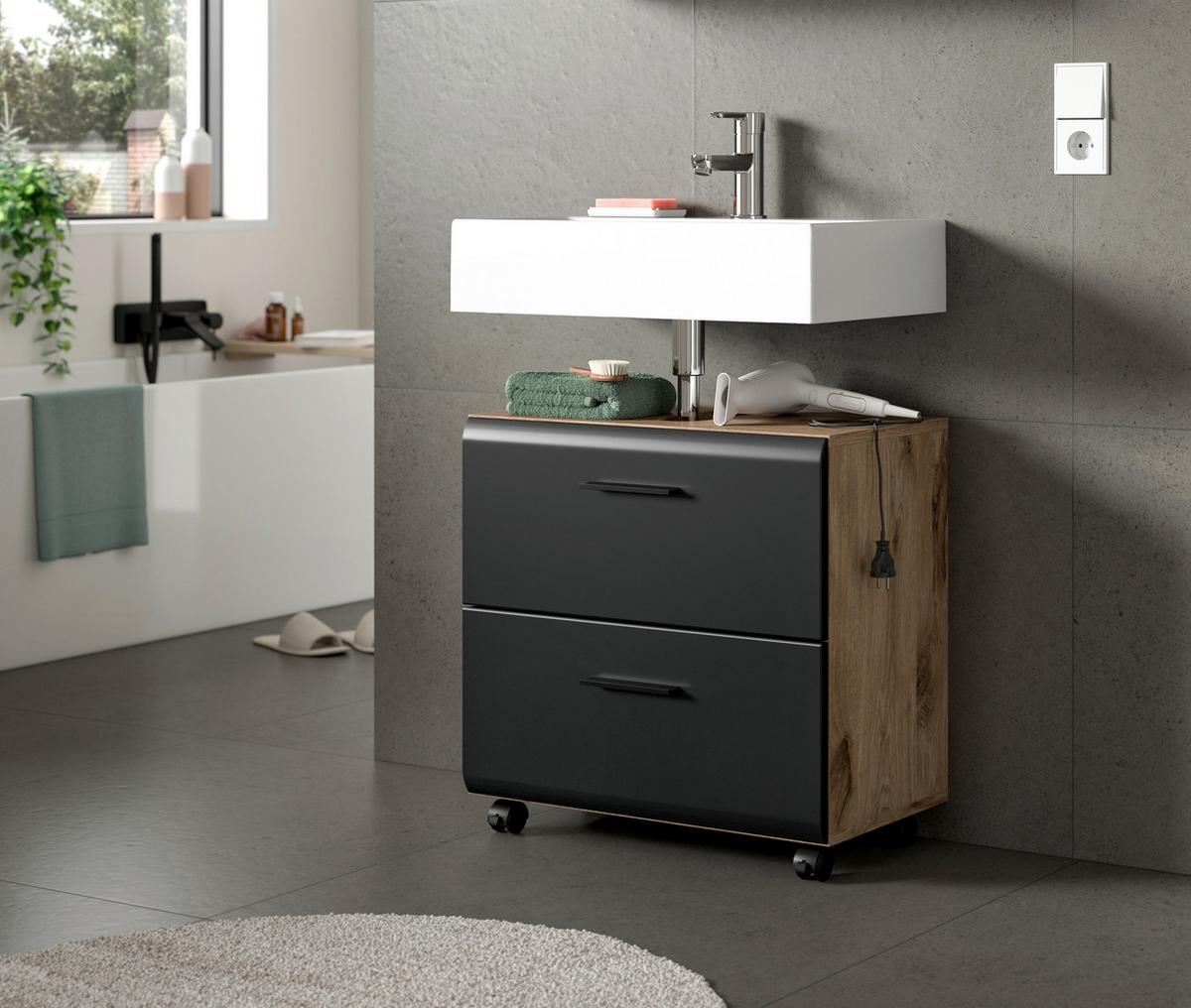 Waschbeckenunterschrank Ice Schwarz/Eiche Dekor B: 60cm - Eiche dunkel/Schwarz, Trend, Holzwerkstoff (60/58/30cm) - MID.YOU