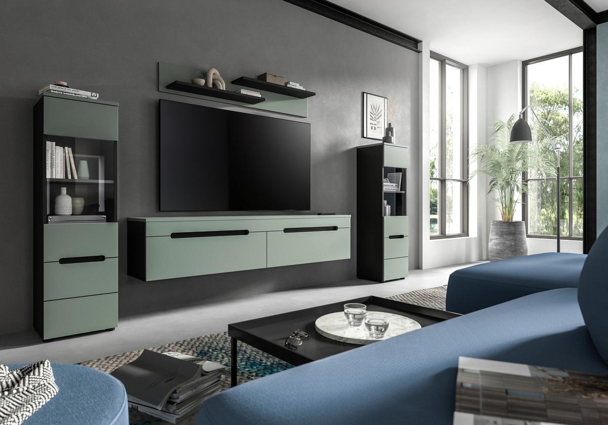 WOHNWAND Canu Graugrün B: 272cm - Schwarz/Graugrün, Design, Holzwerkstoff (272/141/33cm) - Livetastic
