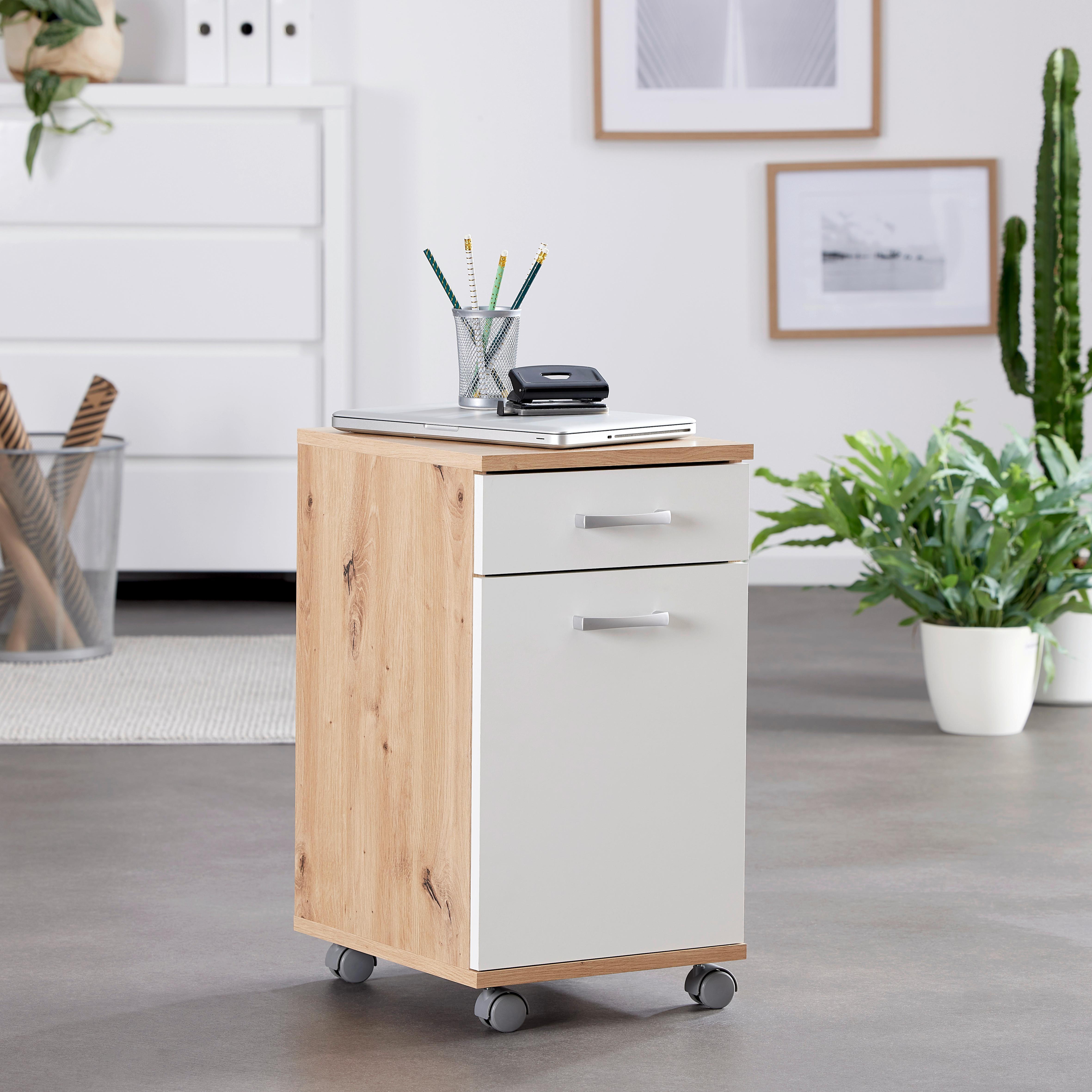 Rollcontainer Eiche Dekor/Weiß Rimini 33x59,5x38 cm - Weiß/Eiche Artisan, MODERN, Holzwerkstoff (33/59,5/38cm)