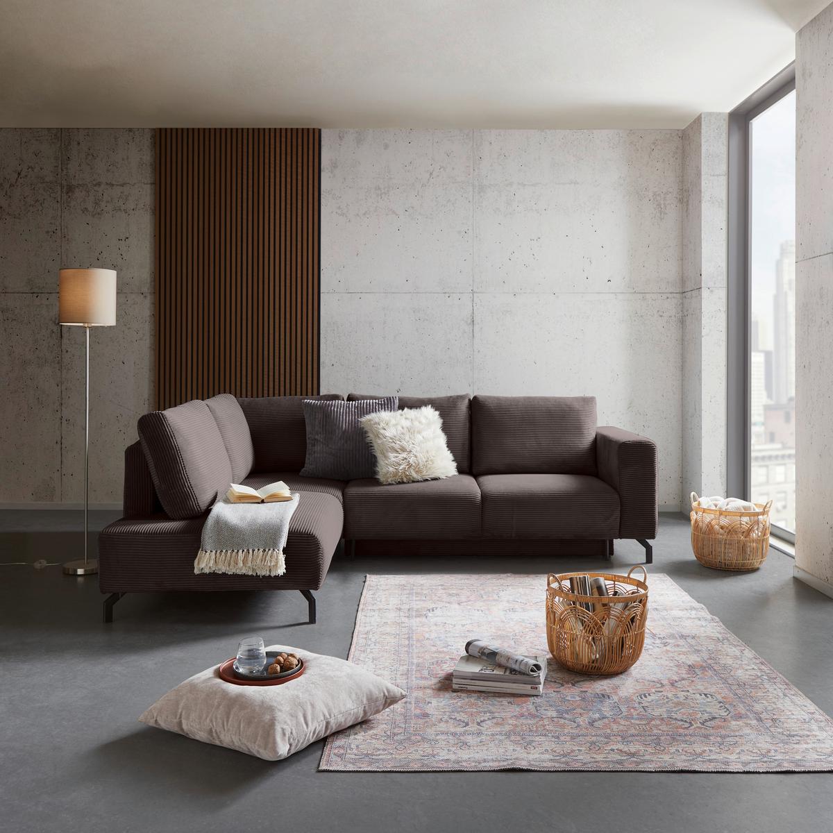 Rohová sedačka VENI, levá, hnědý manšestr - černá/hnědá, Moderní, textil (210/272cm) - Ondega