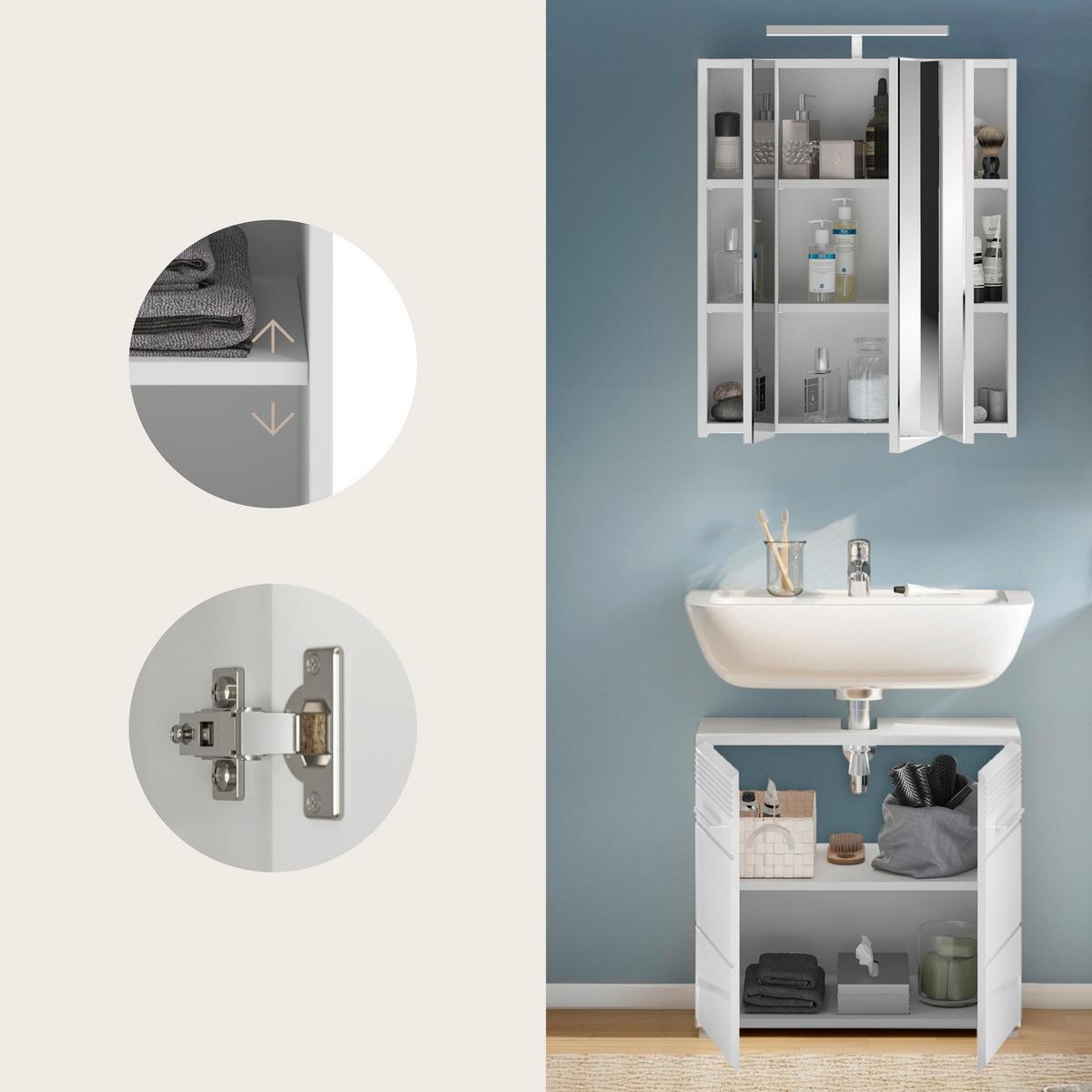 Badezimmer Linus Weiß Hochglanz B: 60cm - Weiß Hochglanz/Silberfarben, MODERN, Glas/Holzwerkstoff (60/182/34cm) - MID.YOU