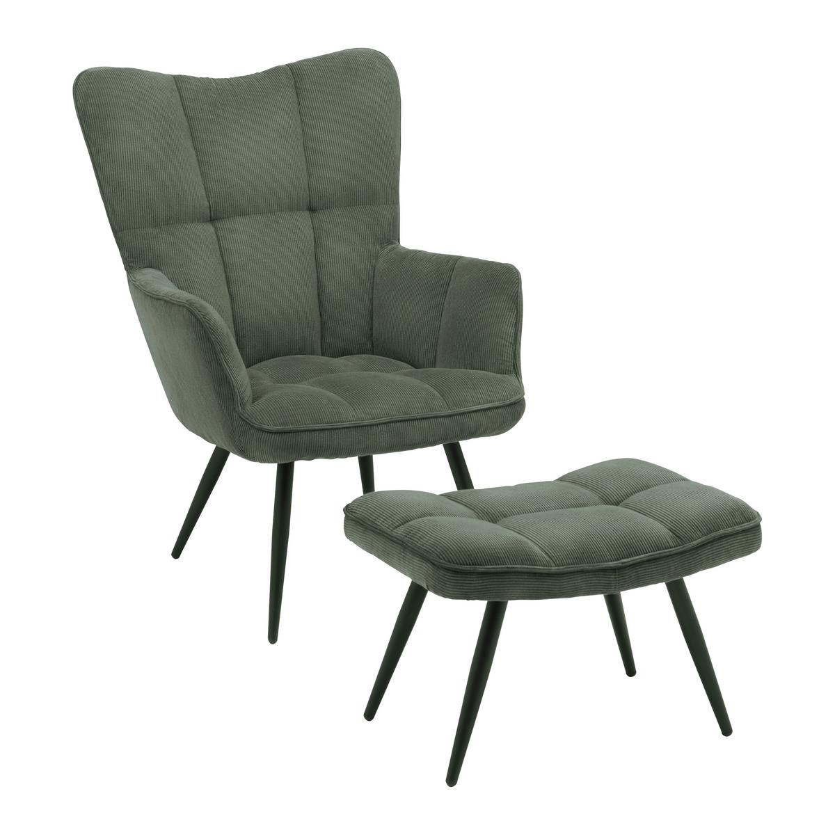 Křeslo s taburetem ALEX, zelený manšestr, max. 120 kg - černá/zelená, Moderní, kov/textil (68/100/78cm) - Mömax