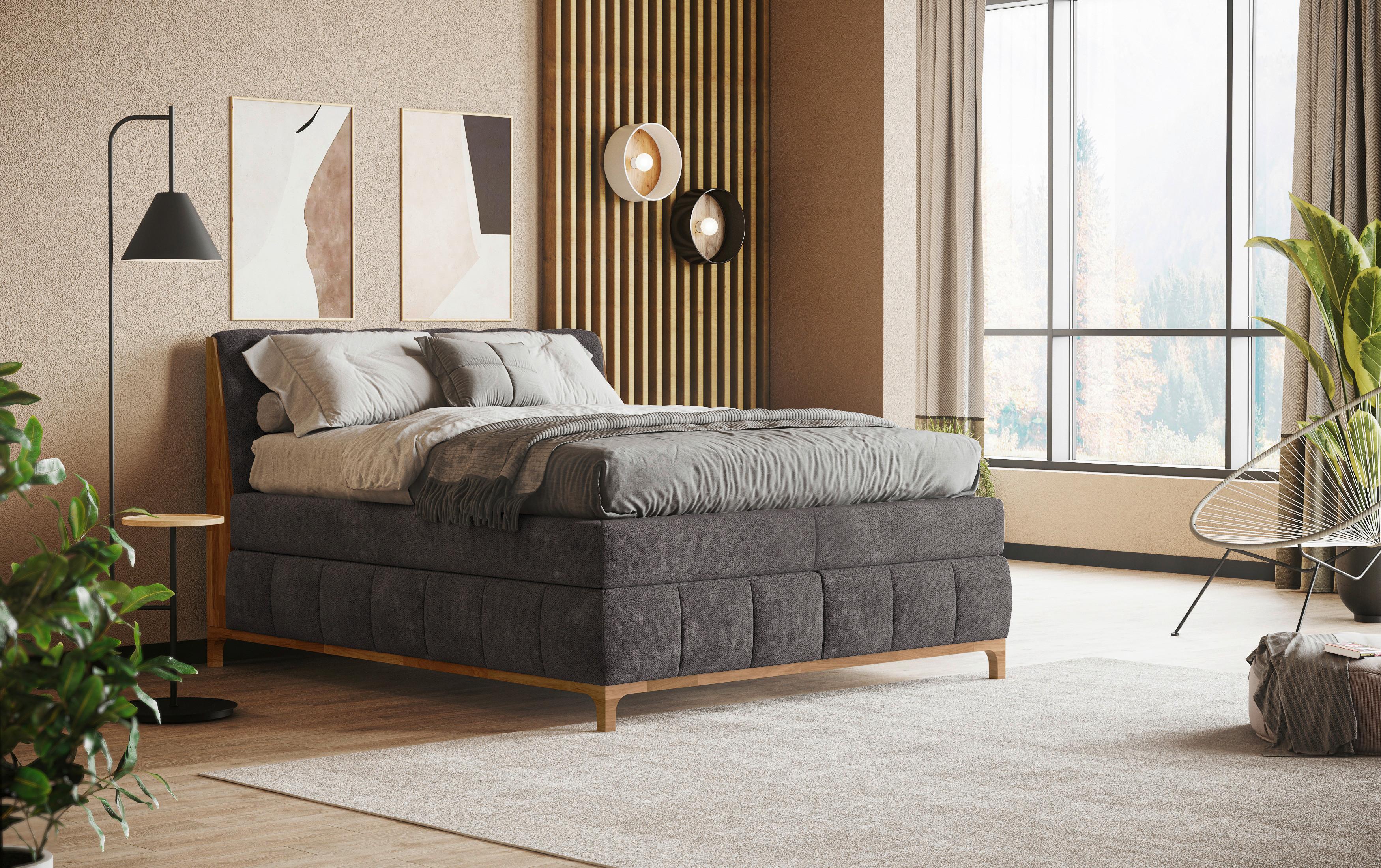 Boxspringbett Moon mit Topper 160x200 cm - Dunkelgrau/Eichefarben, MODERN, Holz/Holzwerkstoff (160/200cm) - MID.YOU