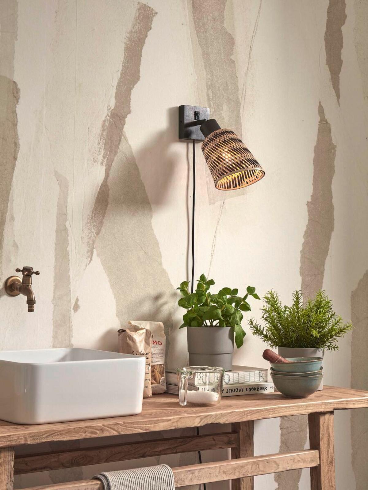 Wandleuchte Java/W/B/15/Bn - Schwarz/Naturfarben, Trend (15/15/22cm) - Good & Mojo