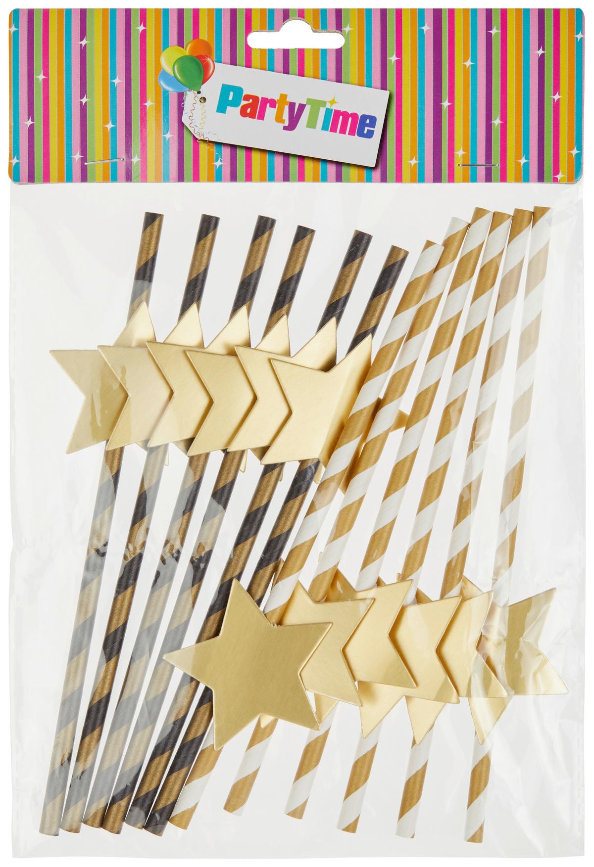 Szívószálszett Stripes & Stars - fekete/arany, Design, papír (20cm)