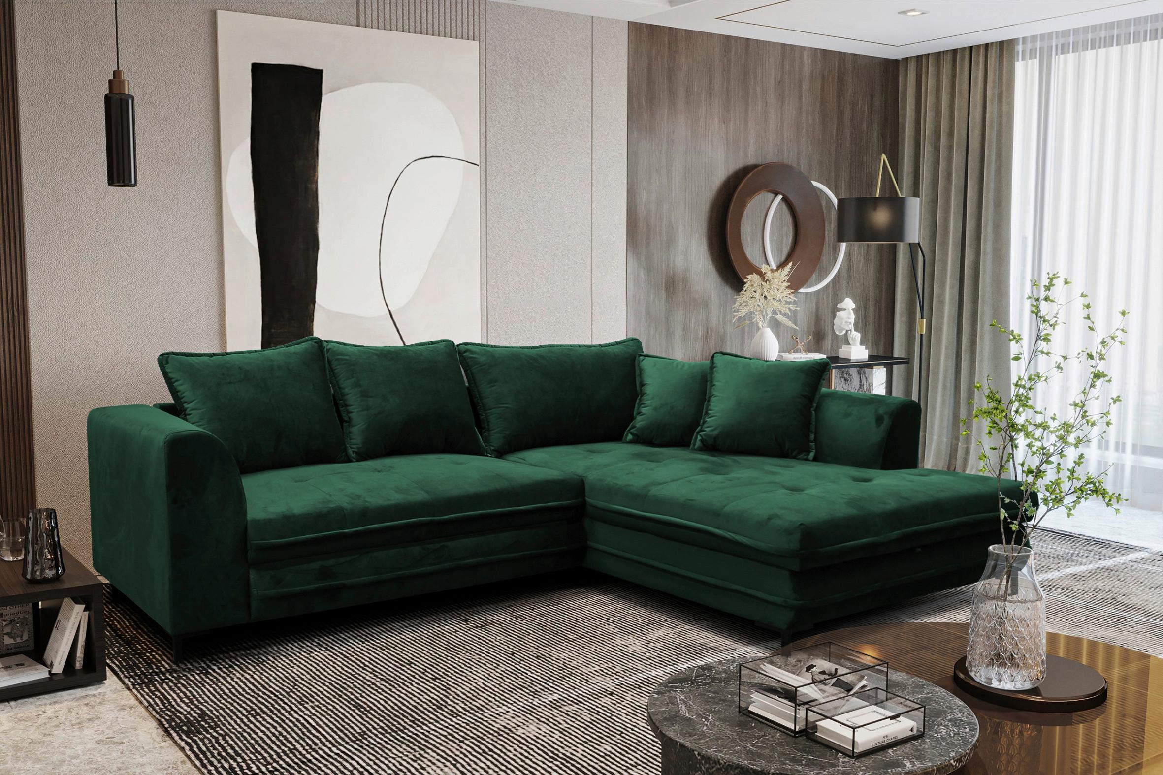 Ecksofa mit Schlaffunktion Bello Ottomane Rechts Grün - Schwarz/Grün, Design, Textil (277/187cm) - Livetastic