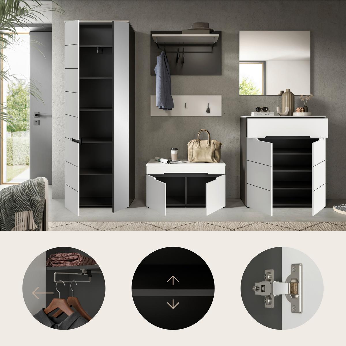 Garderobe Canu 5-Teilig Grau/Weiß B: 265 cm - Weiß/Grau, Design, Holzwerkstoff (265/190/37cm) - Livetastic