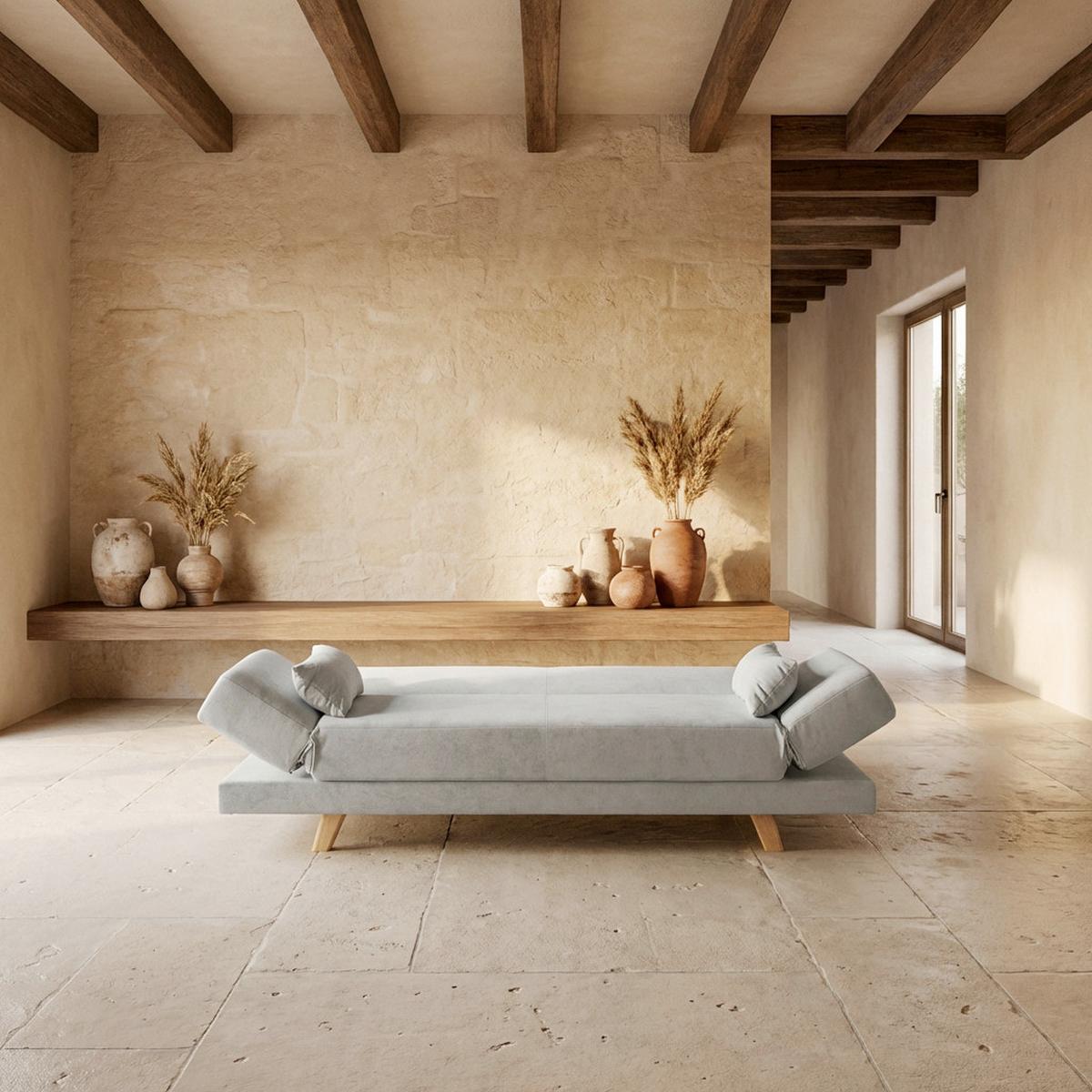 Pohovka FUNKY taupe - světle šedá/přírodní barvy, Moderní, dřevo/textil (183/73/79cm) - Bessagi Home