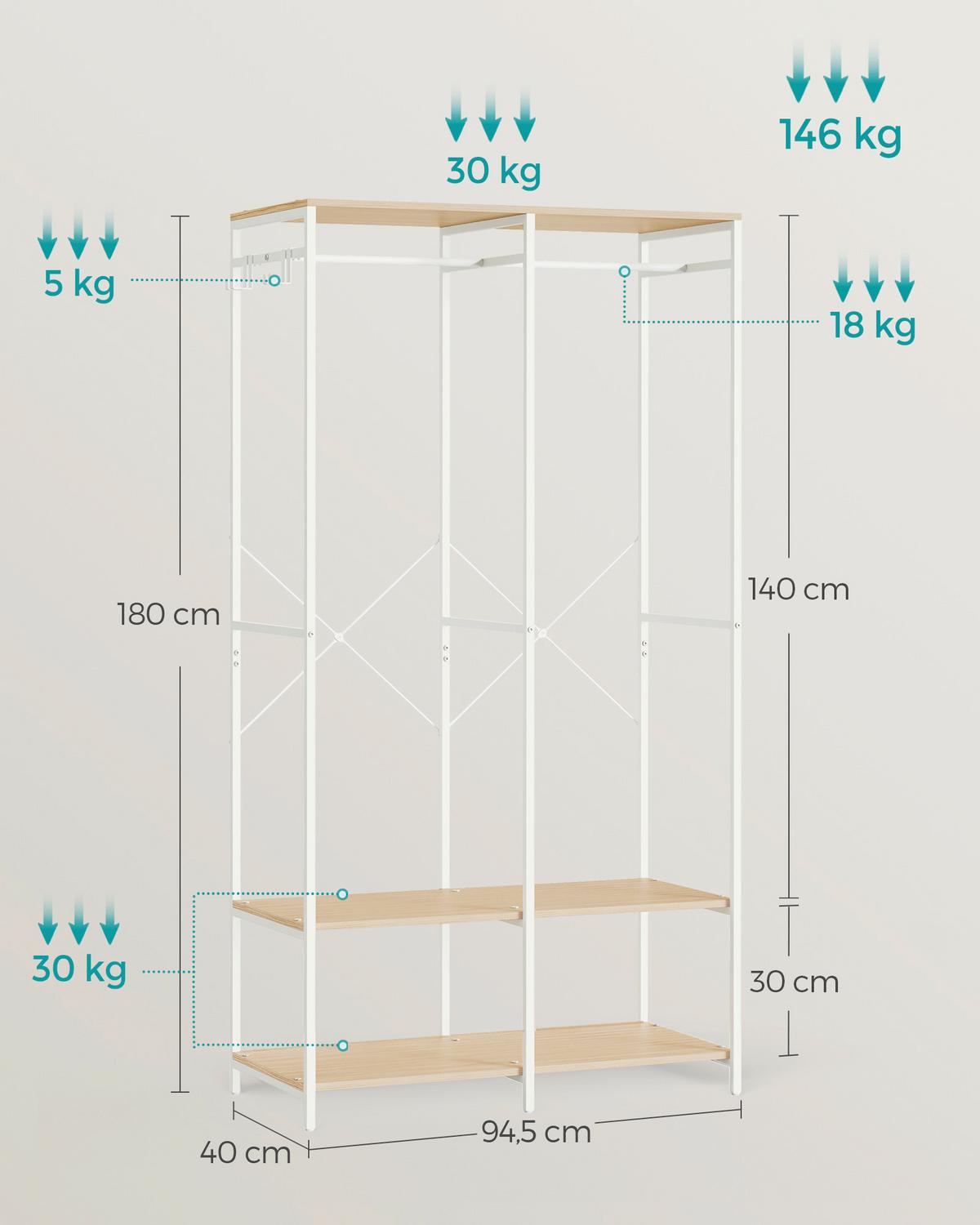 Kleiderschrank Weiß, Eiche Bianco D. B:94,5cm - Eiche Bianco/Weiß, Basics, Holzwerkstoff/Metall (94,5/180/40cm)