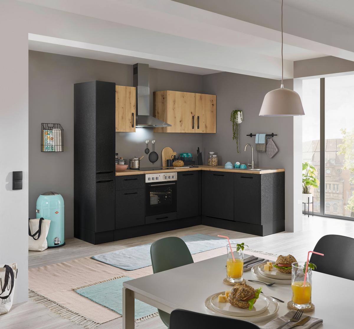 Eckküche Turin Schwarz/Eiche Dekor 250x175 cm - Schwarz/Eiche Artisan, Basics, Holzwerkstoff (250/175cm) - MID.YOU