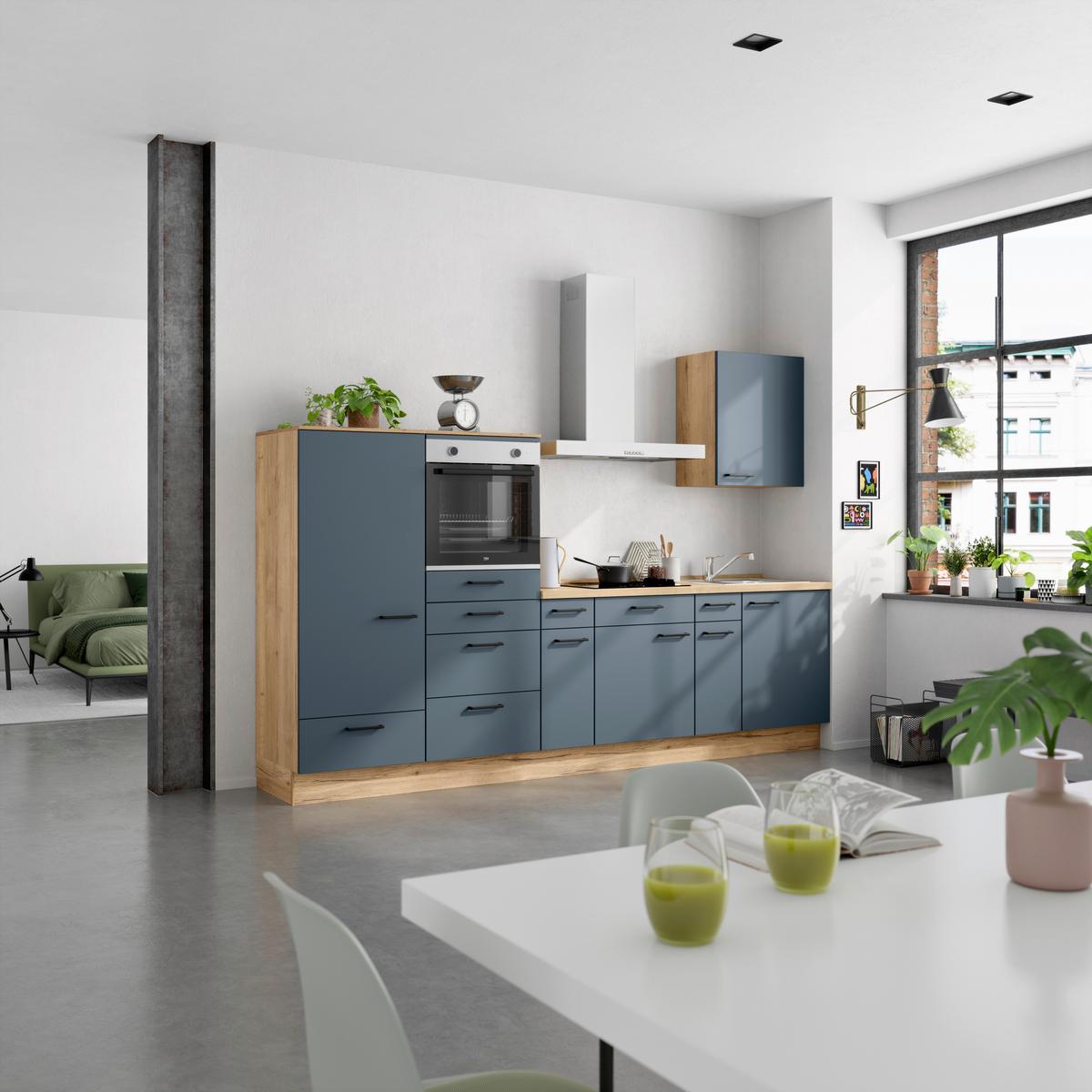 Küchenleerblock Easytouch Low-Line, L4 Links - Blau/Eichefarben, MODERN, Holzwerkstoff (300cm) - Nobilia