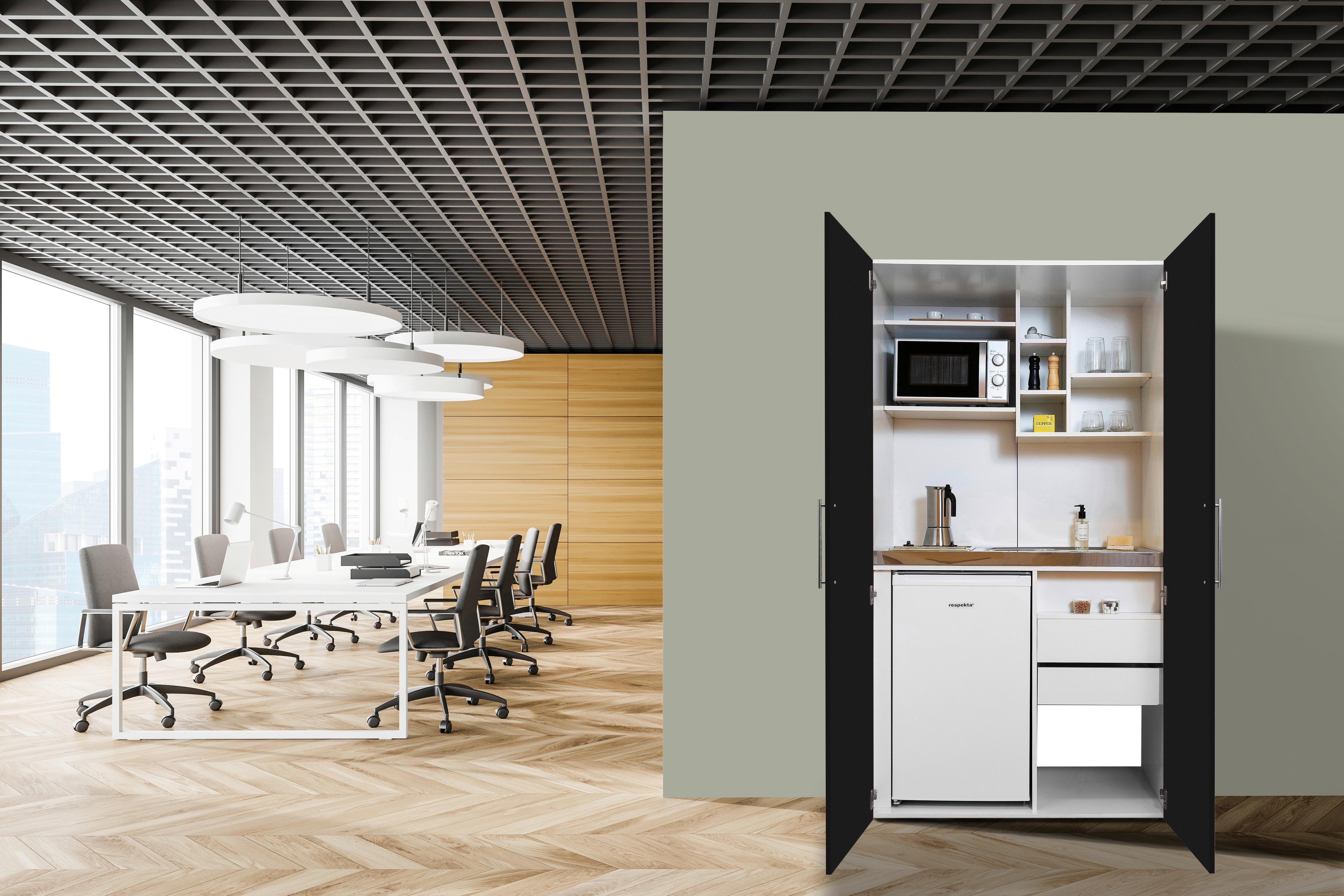 Schrankküche M. Mikrowelle + Kühlschrank 104cm Weiß/schwarz