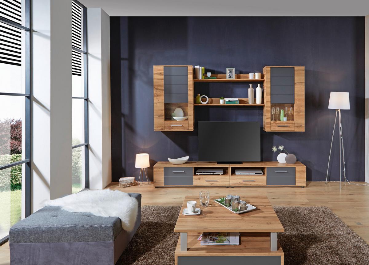 Wohnwand Modern 6-tlg. Mit Led Fargo, Wotan Eiche Dekor/grau - Eichefarben/Grau, MODERN (240/192/38cm)