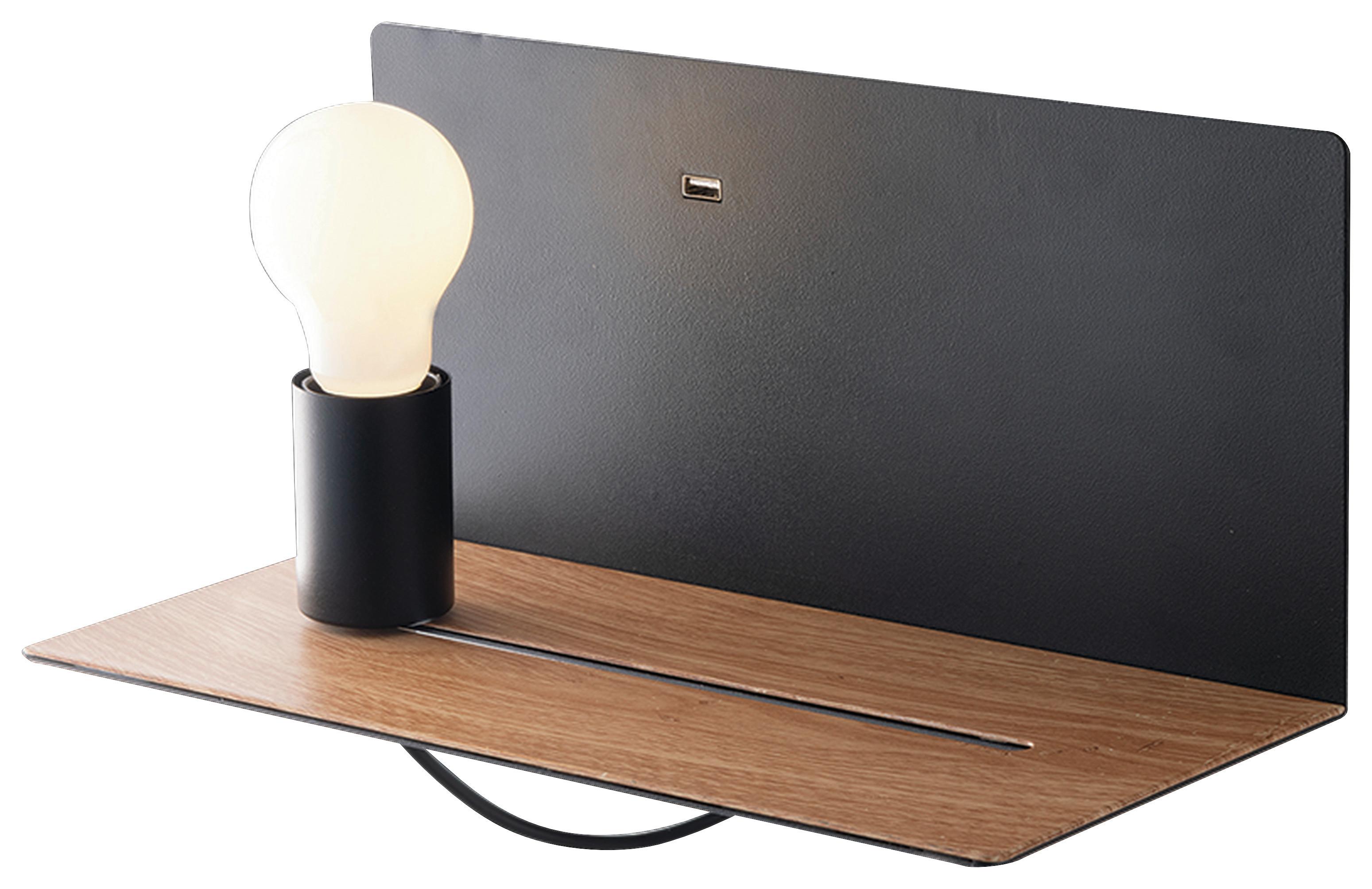 Wandleuchte Flash 1-Flammig Kippschalter + USB-Anschluss - Eichefarben/Schwarz, Basics, Metall (15/33/18cm)