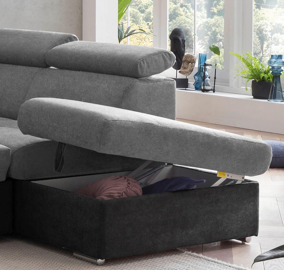 Ecksofa Mit Bettkasten Antero Kopfteile Verstellbar Grau - Chromfarben/Schwarz, Design, Textil (262/216cm) - Livetastic
