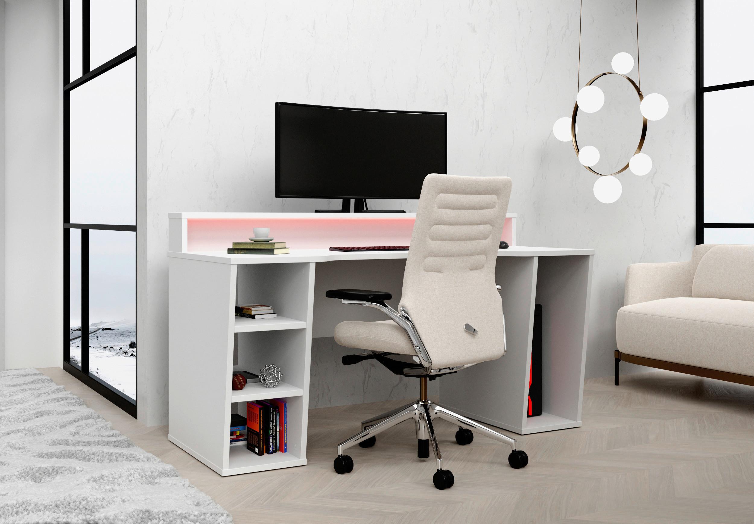 Gaming Tisch Mit Stauraum Und Aufsatz B 160cm H 91cm Tezaur - Weiß, MODERN, Holzwerkstoff/Kunststoff (160/72/91cm) - MID.YOU