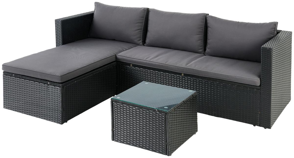 Loungegarnitur 3-Tlg. Bergen Stahl/Polyrattan mit Kissen - Dunkelgrau/Schwarz, MODERN, Glas/Kunststoff