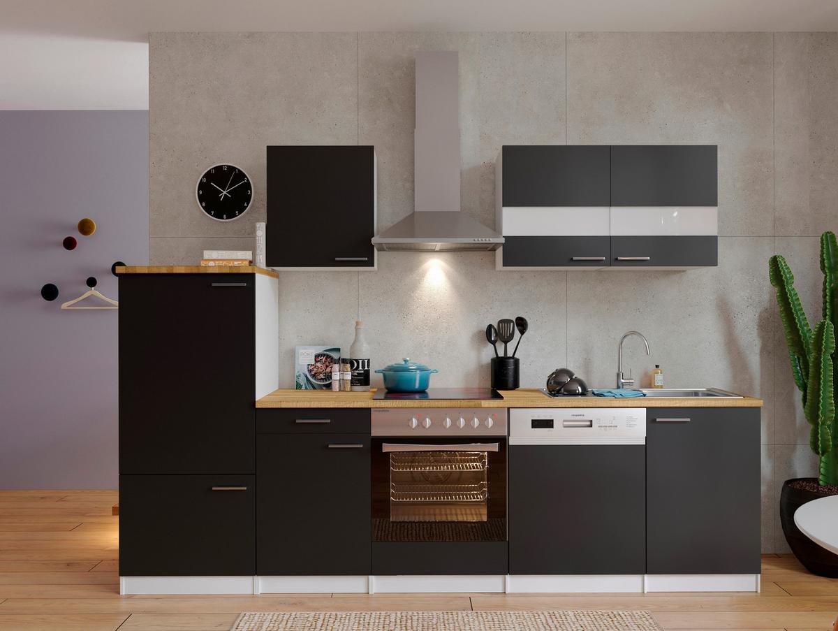 Küchenzeile ohne Geräte B: 280 cm Schwarz/Weiß/Eiche Dekor - Eichefarben/Schwarz, Basics, Holzwerkstoff (280/200/60cm) - Respekta