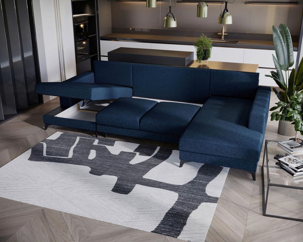 Harvey U Blau U: 156x339x190 cm - Blau/Schwarz, Design, Textil (156/339/190cm) - Livetastic