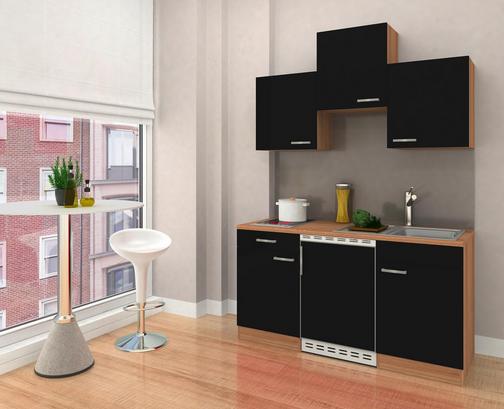 Praktische Miniküche mit schwarzen Fronten und Korpus in Eiche Dekor Praktische Miniküche mit schwarzen Fronten und Korpus in Eiche Dekor