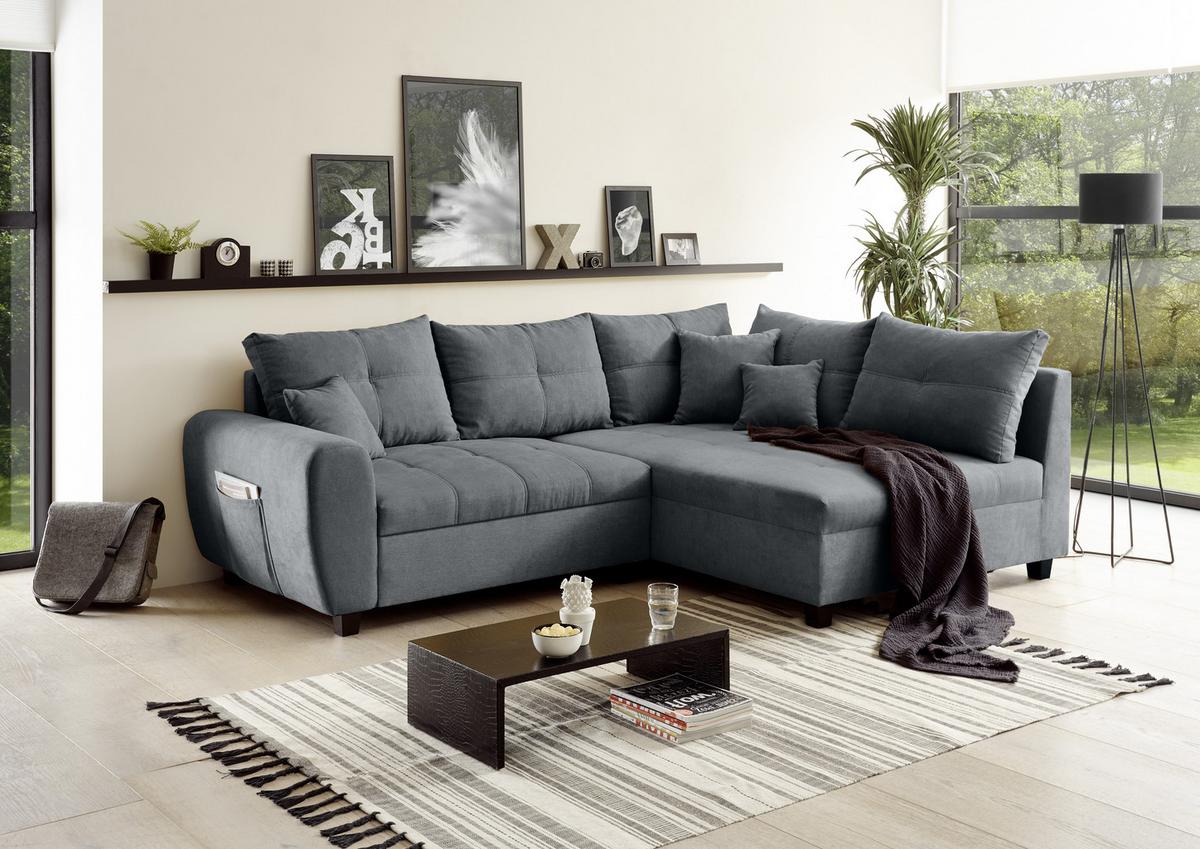Ecksofa Mit Schlaffunktion + Kissen Lea, Polyester-Nylon - Anthrazit/Schwarz, Basics, Holzwerkstoff/Textil (248/176cm) - MID.YOU